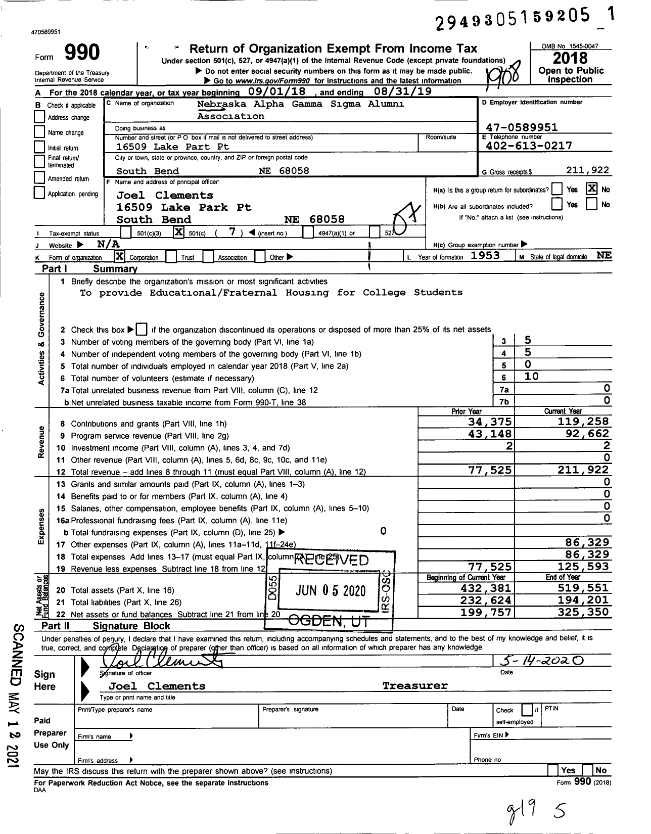 Image of first page of 2018 Form 990O for Nebraska Alpha Gamma Sigma Alumni Association