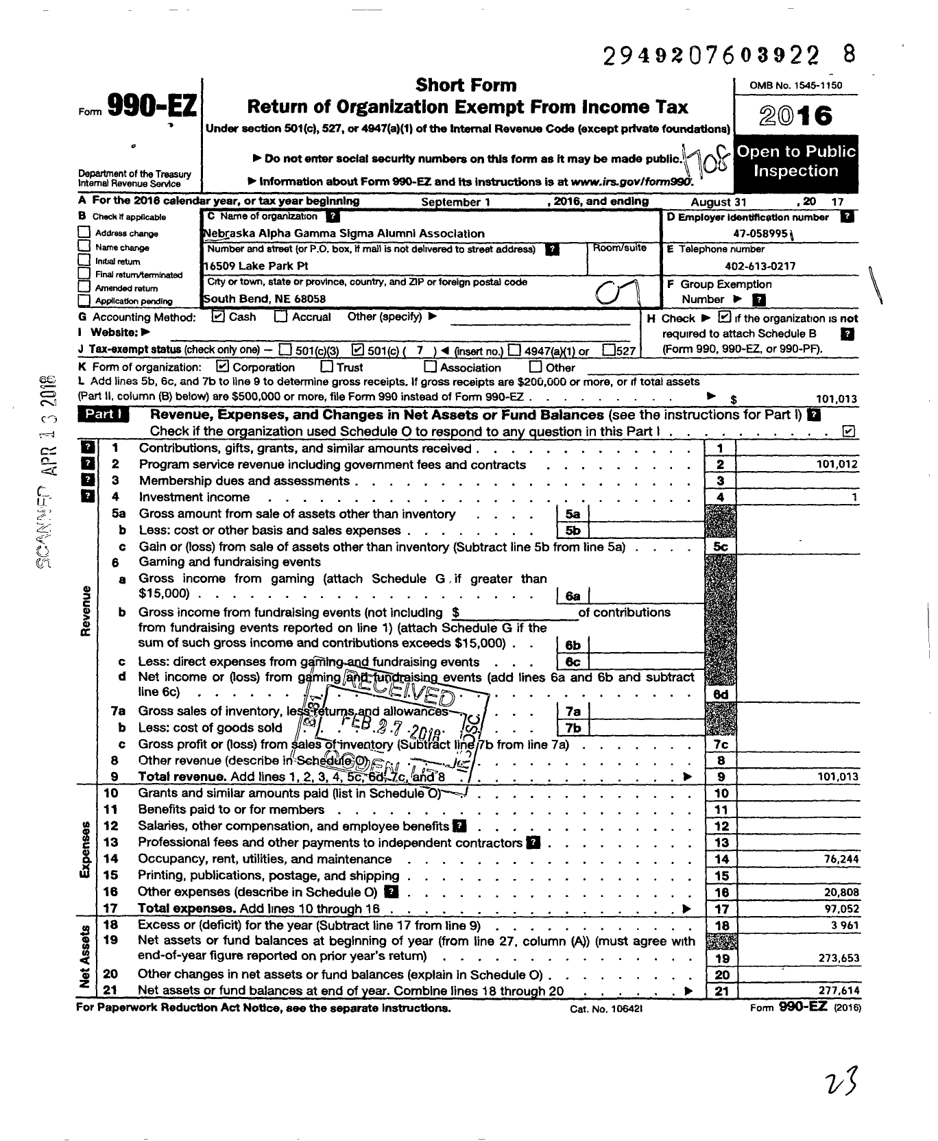 Image of first page of 2016 Form 990EO for Nebraska Alpha Gamma Sigma Alumni Association