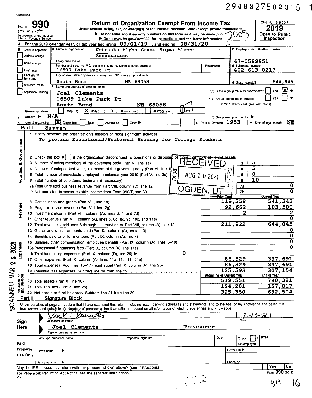 Image of first page of 2019 Form 990O for Nebraska Alpha Gamma Sigma Alumni Association