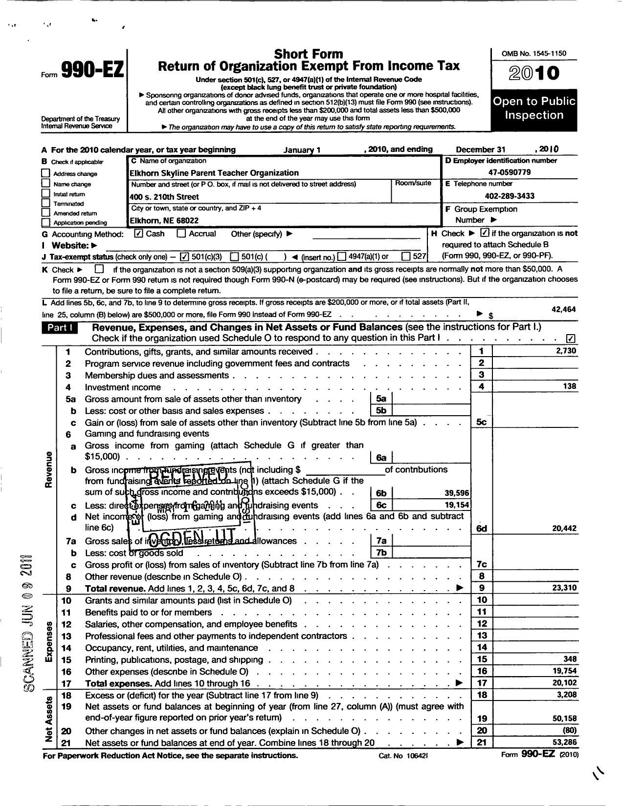 Image of first page of 2010 Form 990EZ for Elkhorn Skyline Parent Teacher Organization