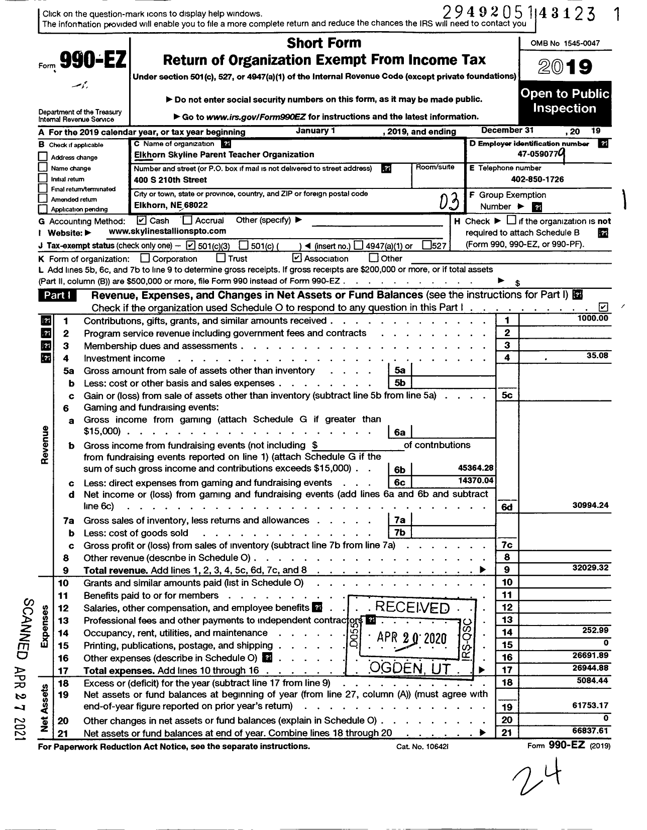 Image of first page of 2019 Form 990EZ for Elkhorn Skyline Parent Teacher Organization