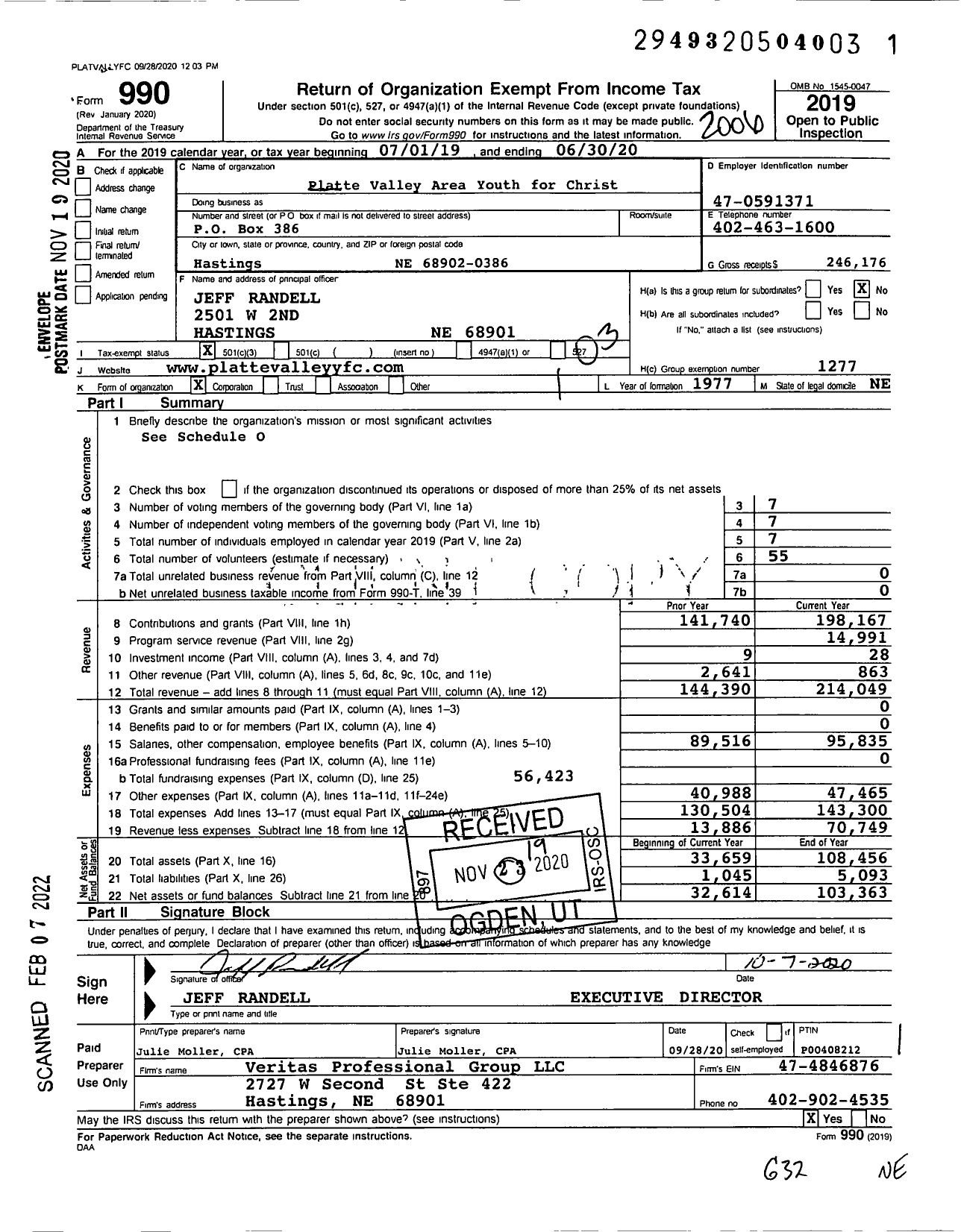 Image of first page of 2019 Form 990 for Youth for Christ - Platte Valley Area