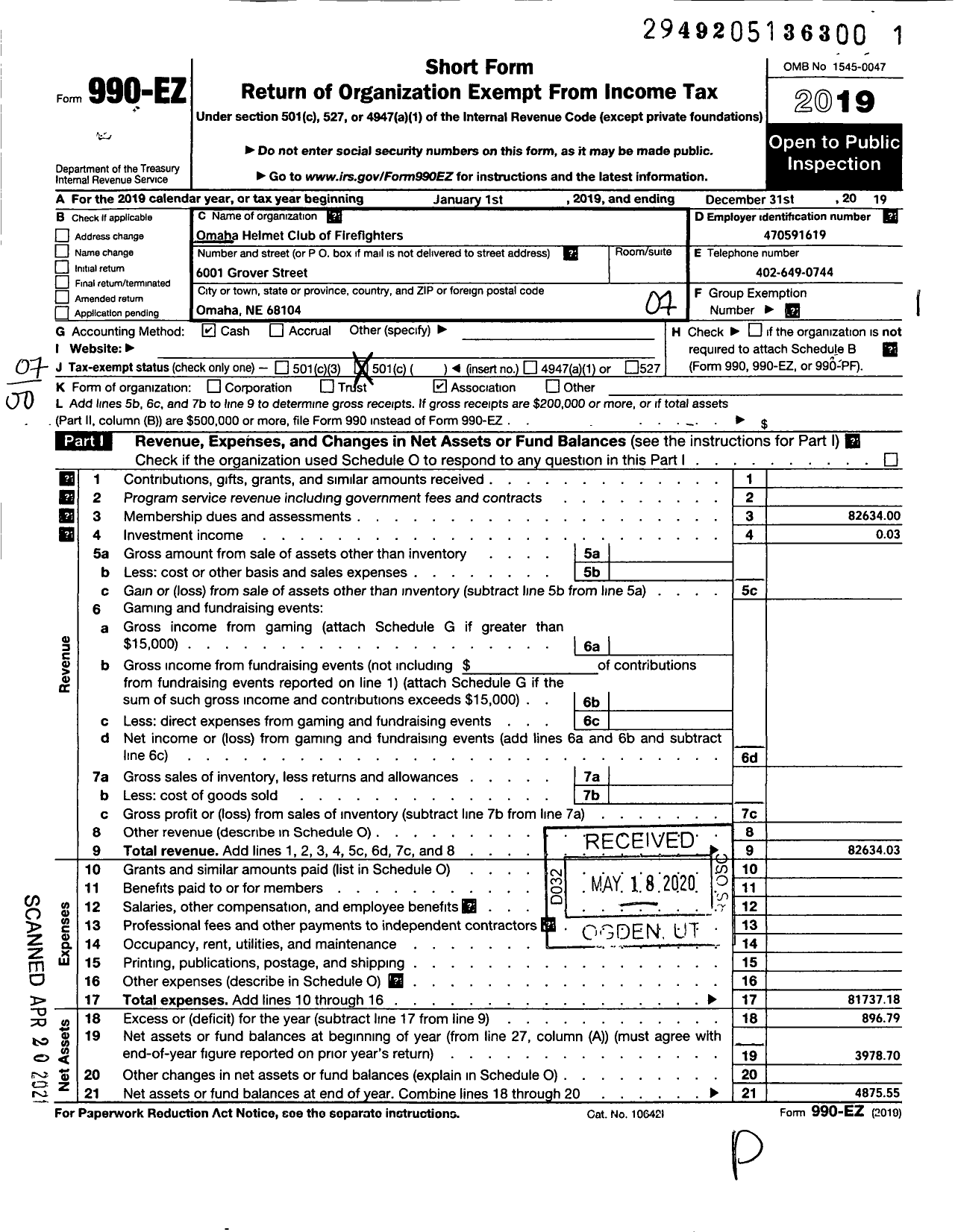 Image of first page of 2019 Form 990EO for Omaha Helmet Club of Firefighters Fighters