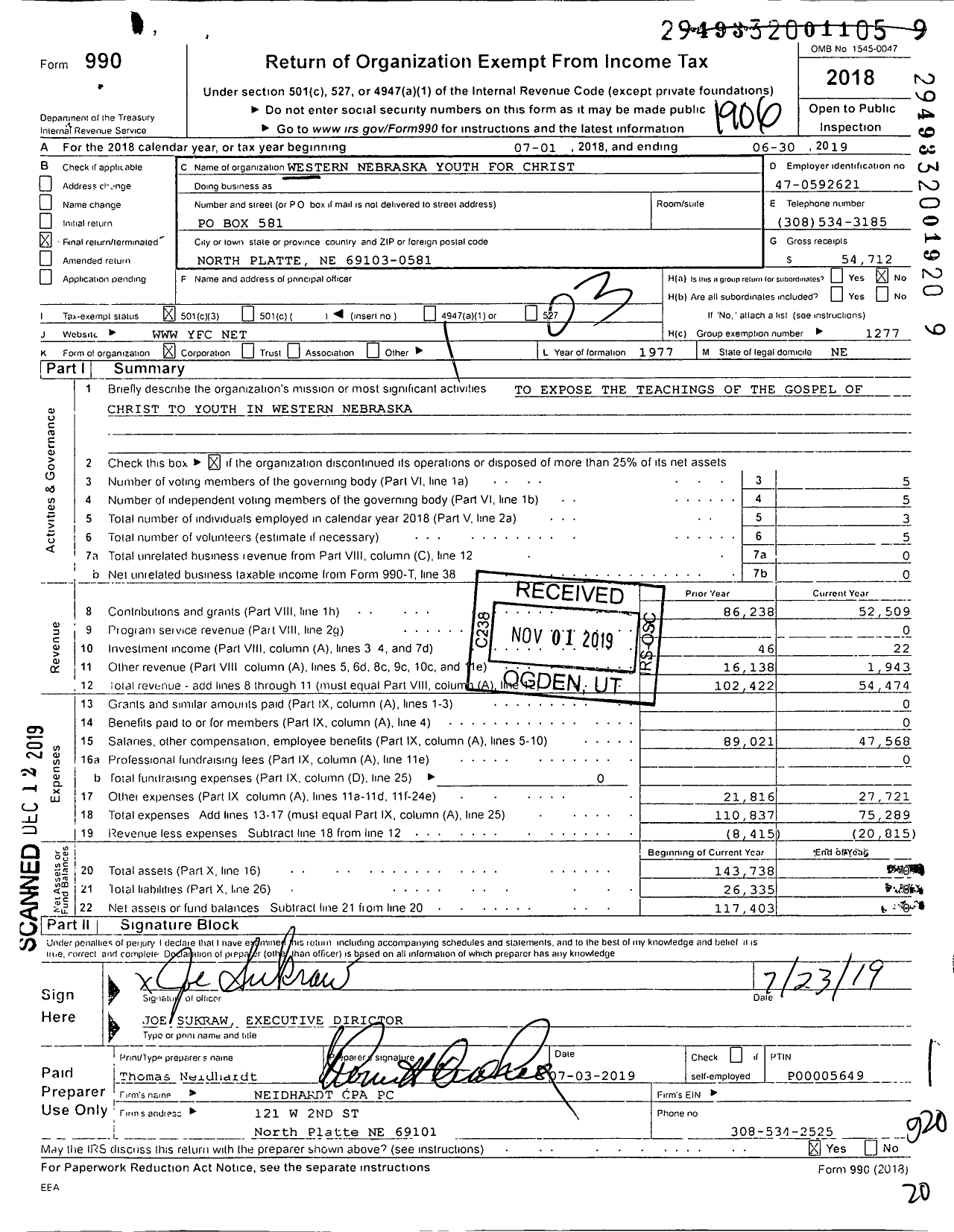 Image of first page of 2018 Form 990 for Youth for Christ - Western Nebraska