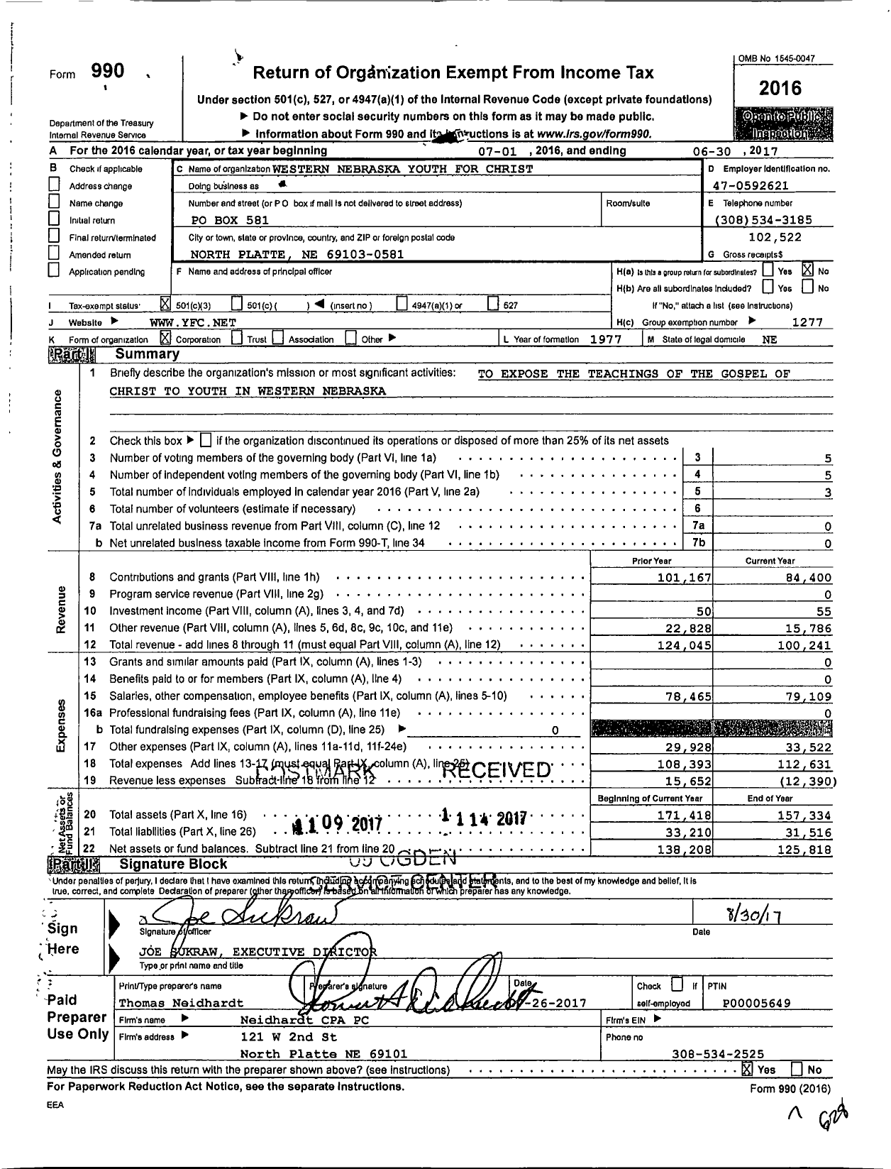 Image of first page of 2016 Form 990 for Youth for Christ - Western Nebraska