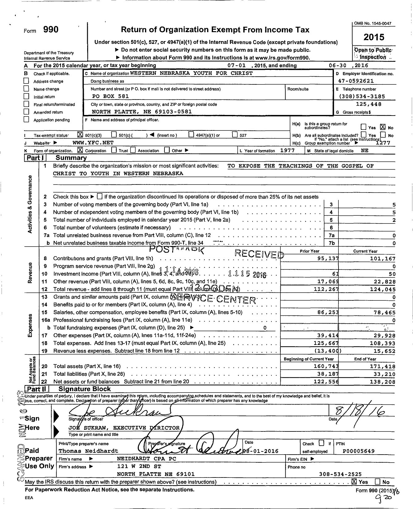 Image of first page of 2015 Form 990 for Youth for Christ - Western Nebraska