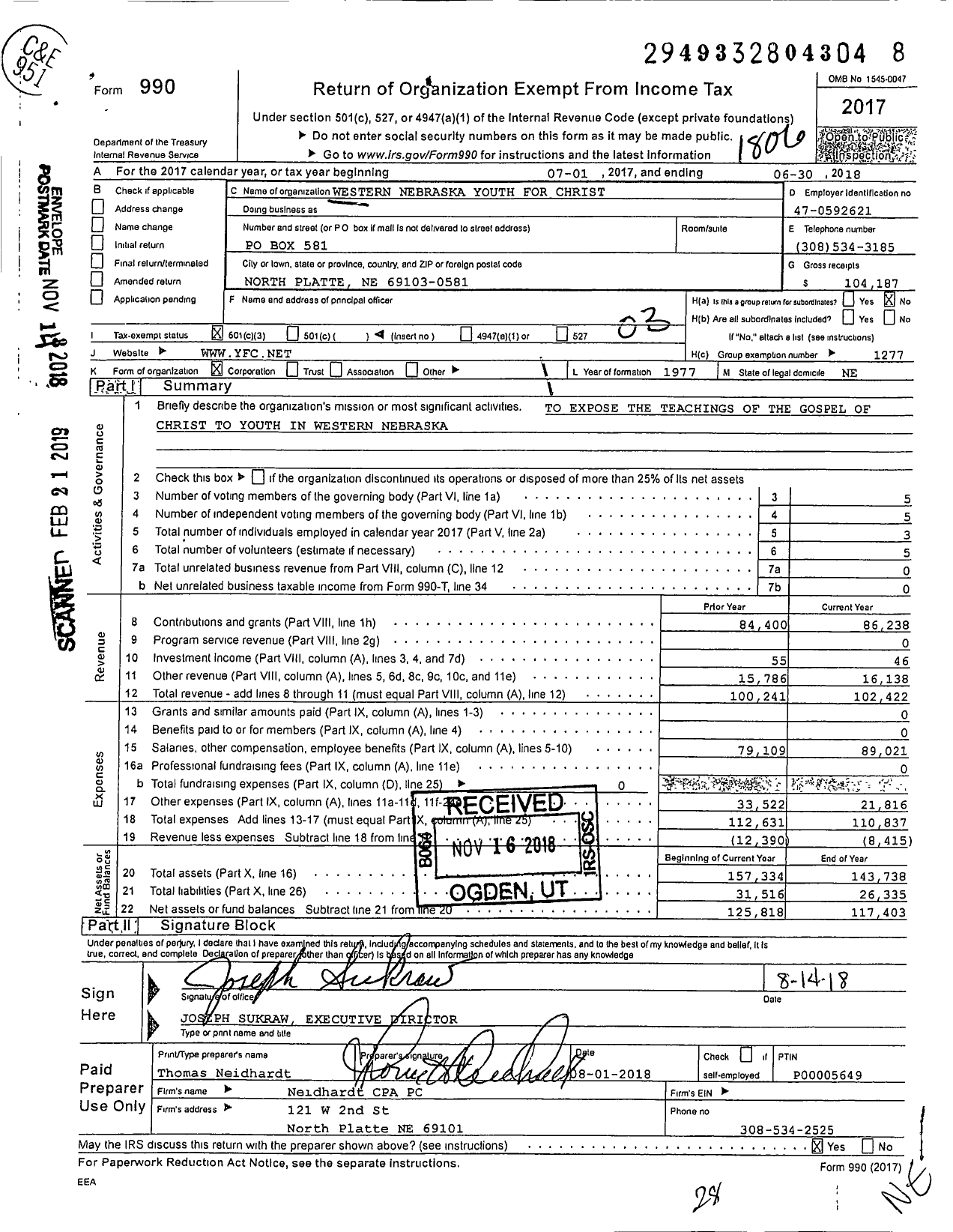 Image of first page of 2017 Form 990 for Youth for Christ - Western Nebraska