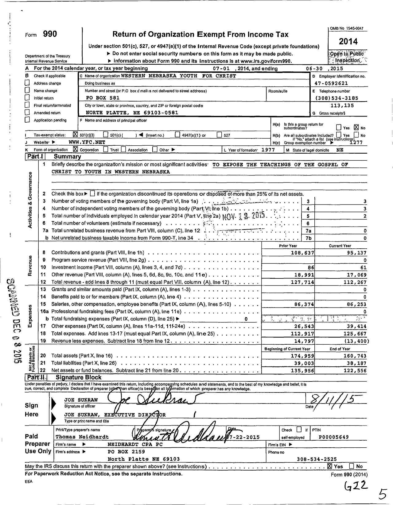 Image of first page of 2014 Form 990 for Youth for Christ - Western Nebraska