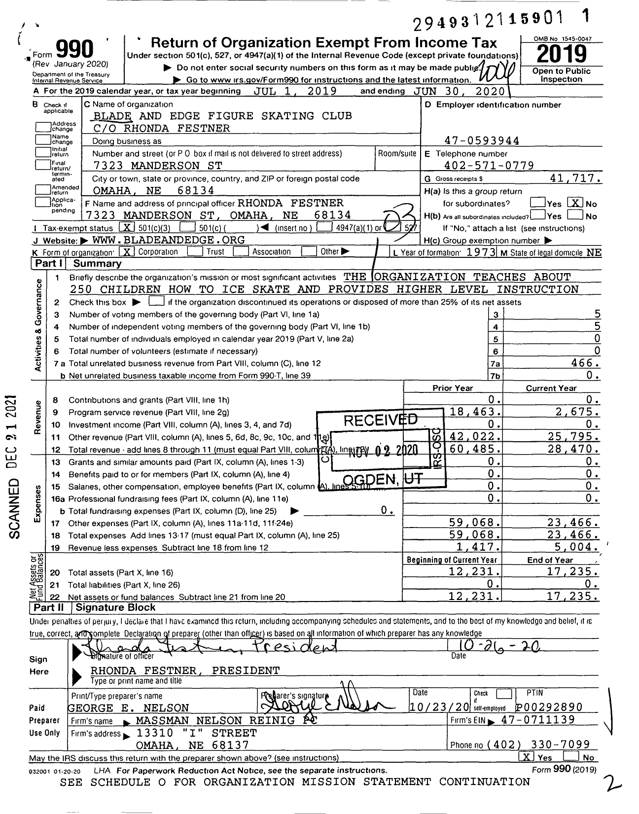 Image of first page of 2019 Form 990 for Blade and Edge Figure Skating Club