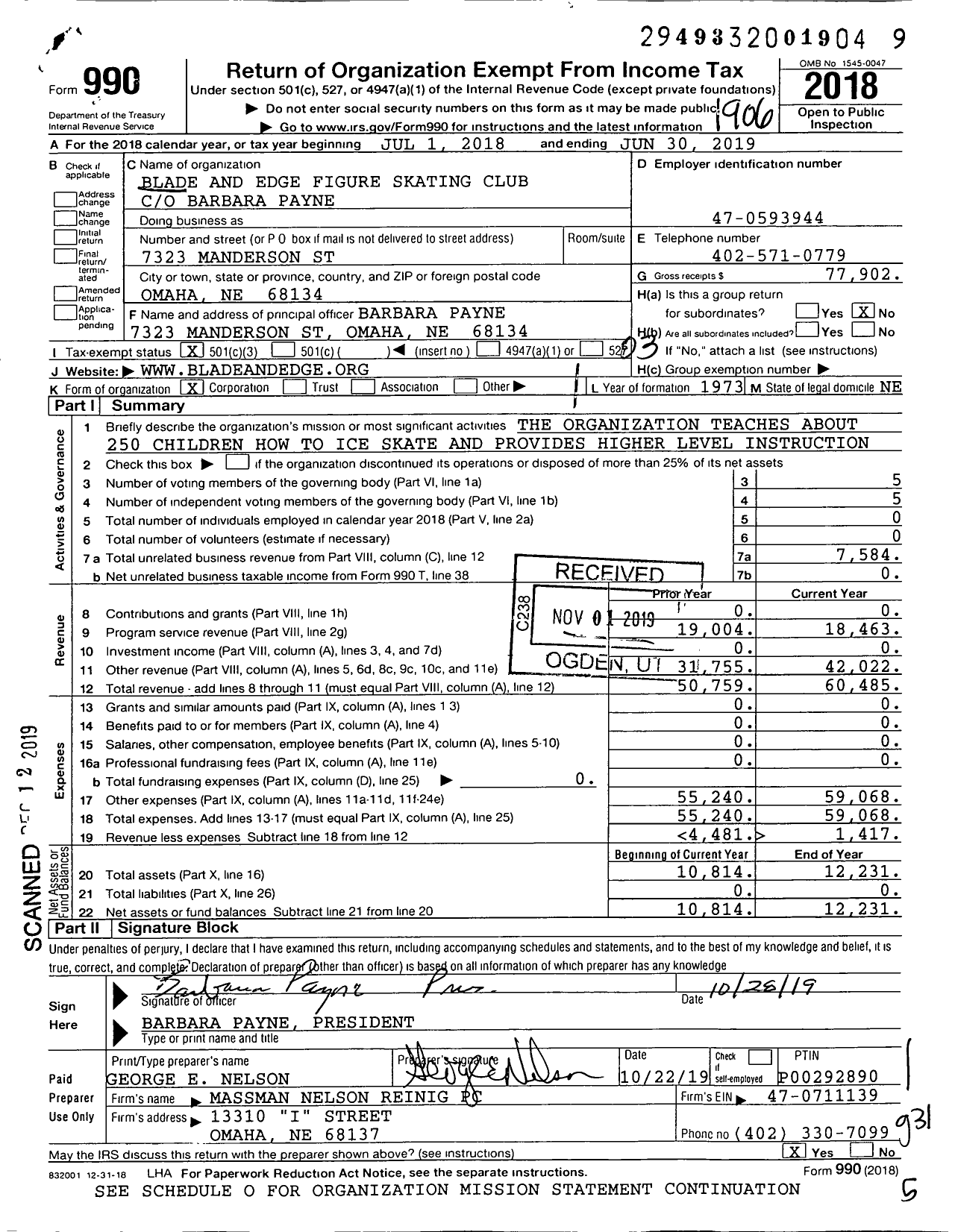 Image of first page of 2018 Form 990 for Blade and Edge Figure Skating Club