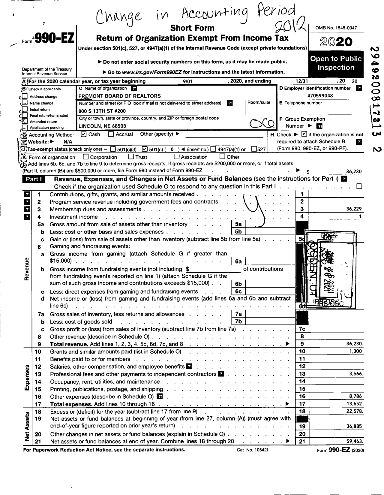 Image of first page of 2020 Form 990EO for Fremont Board of Realtors