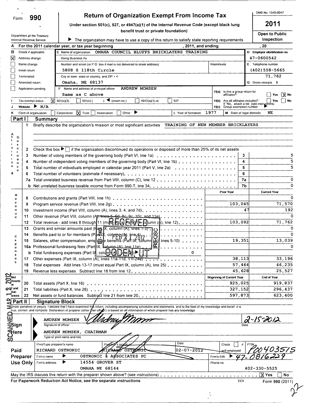 Image of first page of 2011 Form 990 for Omaha-Council Bluffs Bricklayers Training and Education Fund