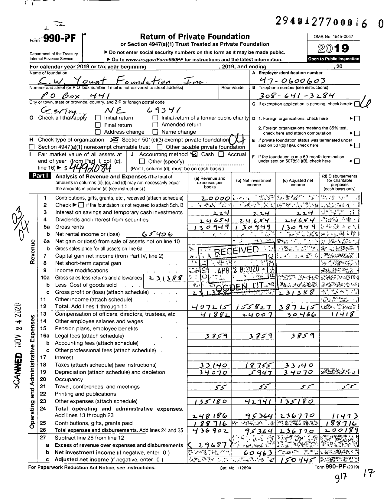 Image of first page of 2019 Form 990PF for CW Yount Foundation