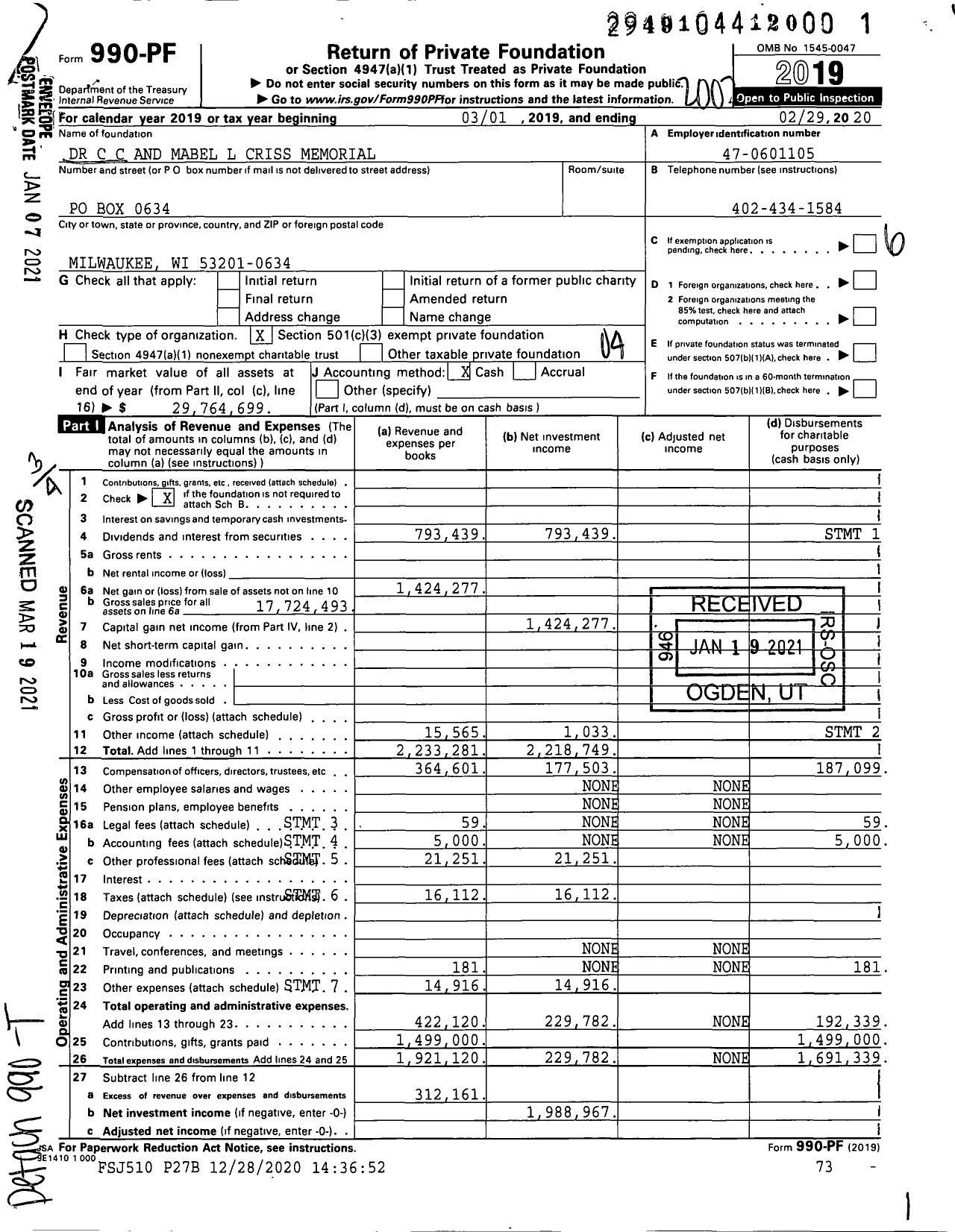 Image of first page of 2019 Form 990PF for Dr C C & Mabel L Criss Memorial Foundation