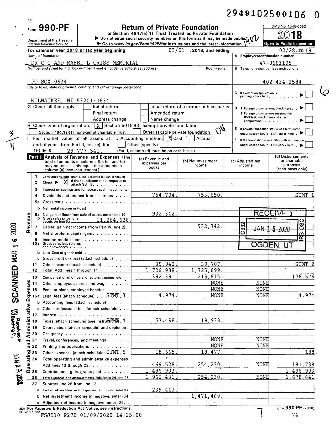 Image of first page of 2018 Form 990PR for Dr C C & Mabel L Criss Memorial Foundation