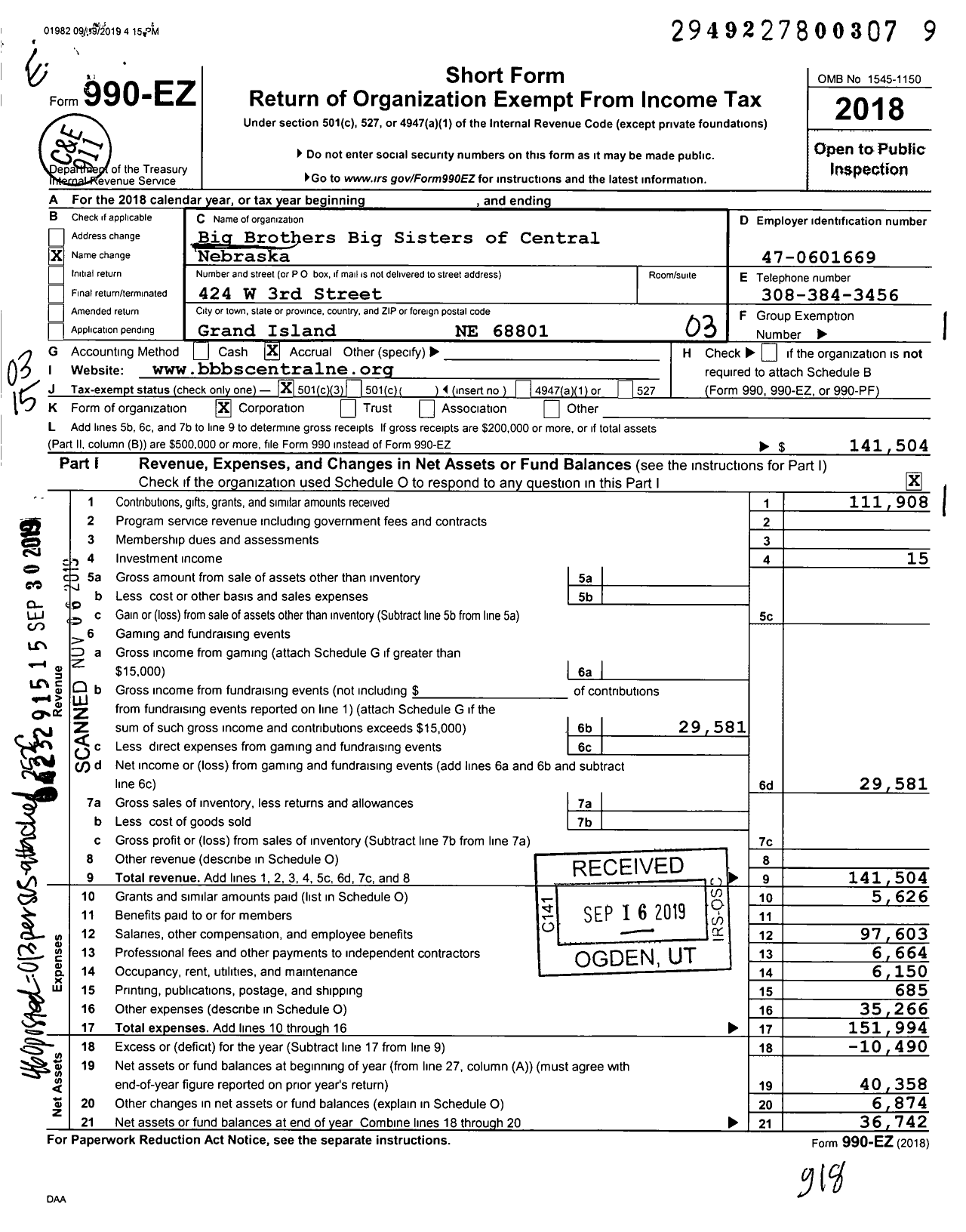 Image of first page of 2018 Form 990EZ for Big Brothersbig Big Sisters of Central Nebraska