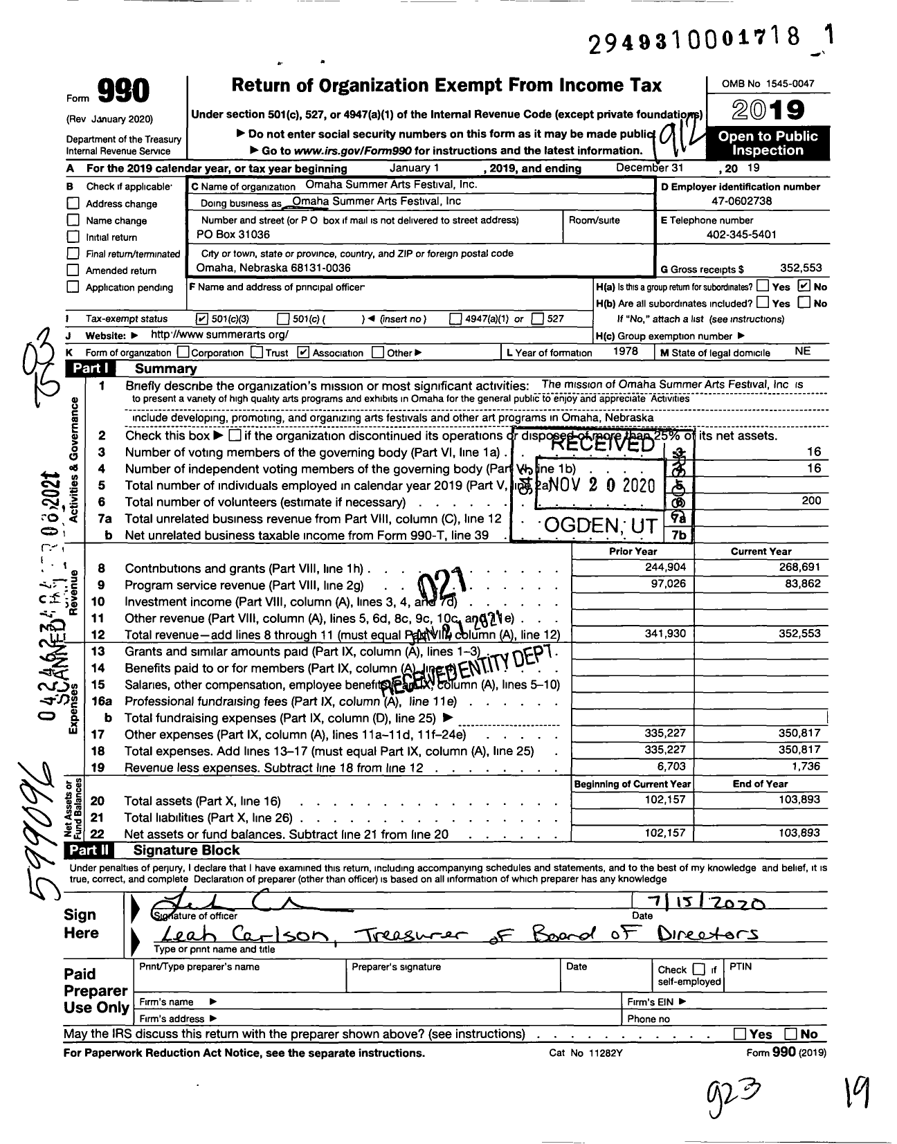 Image of first page of 2019 Form 990 for Omaha Summer Arts Festival