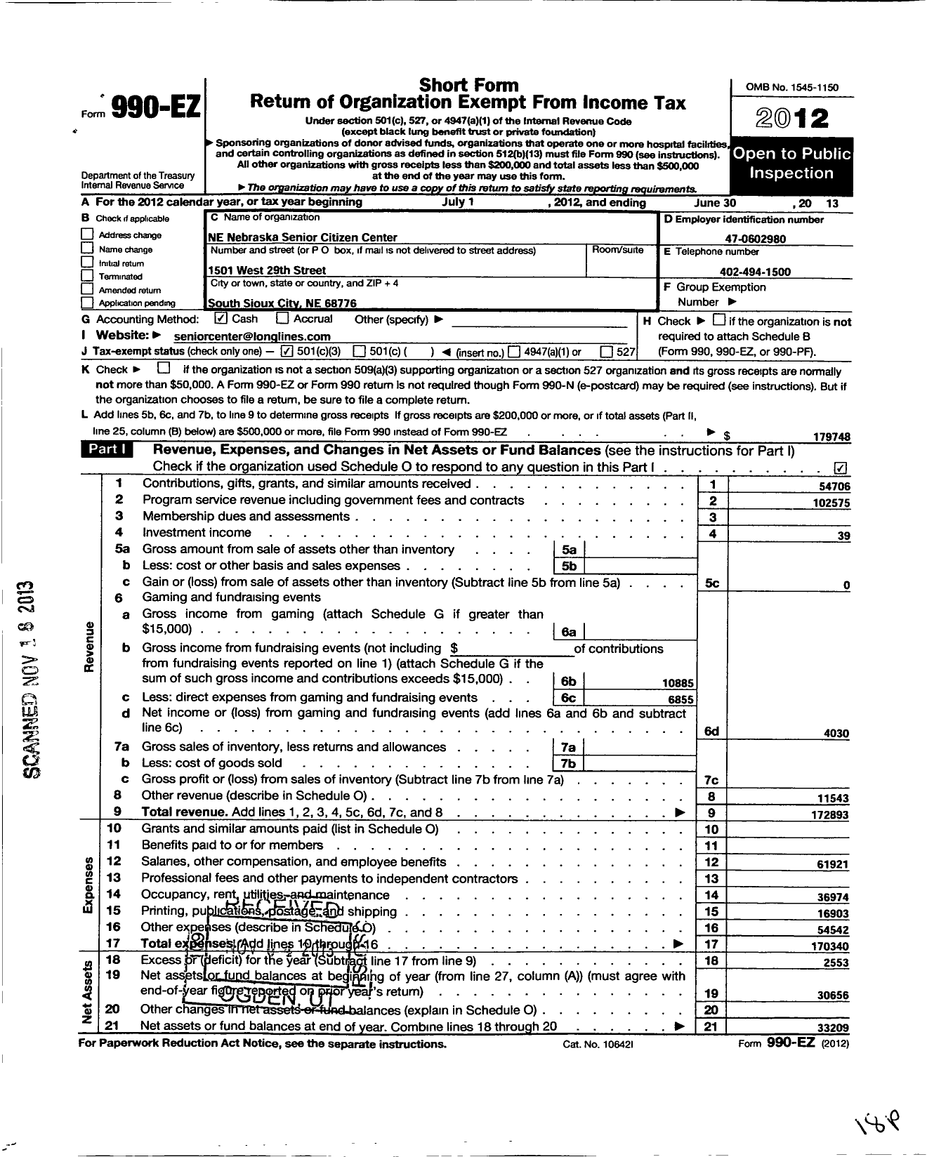 Image of first page of 2012 Form 990EZ for South Sioux City Senior Center