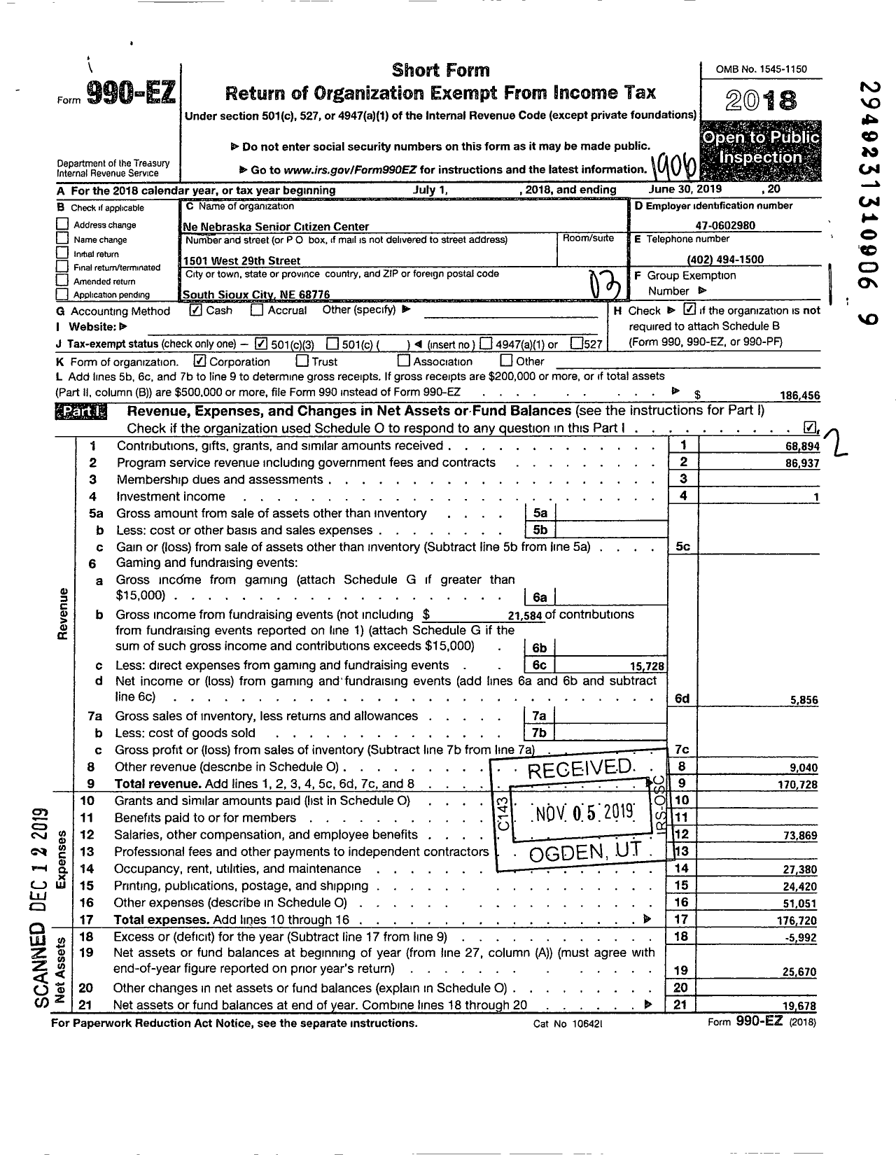 Image of first page of 2018 Form 990EZ for South Sioux City Senior Center