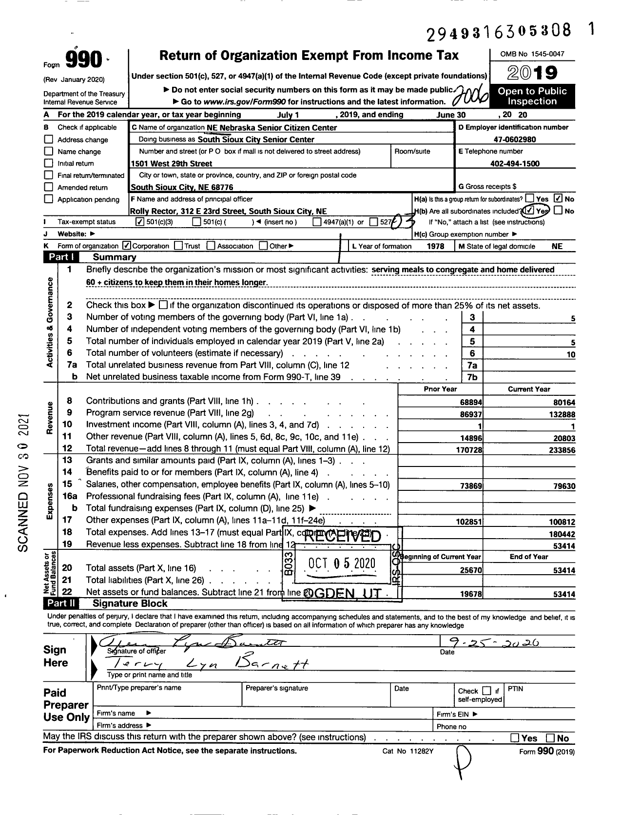 Image of first page of 2019 Form 990 for South Sioux City Senior Center