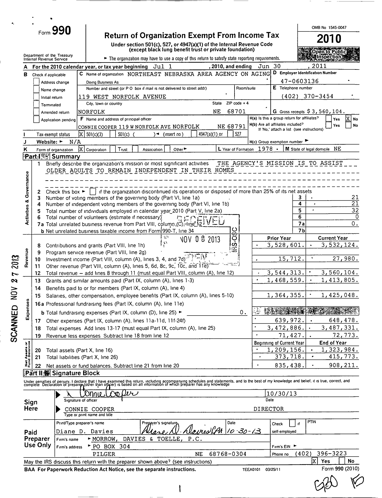 Image of first page of 2010 Form 990 for Northeast Nebraska Area Agency on Aging