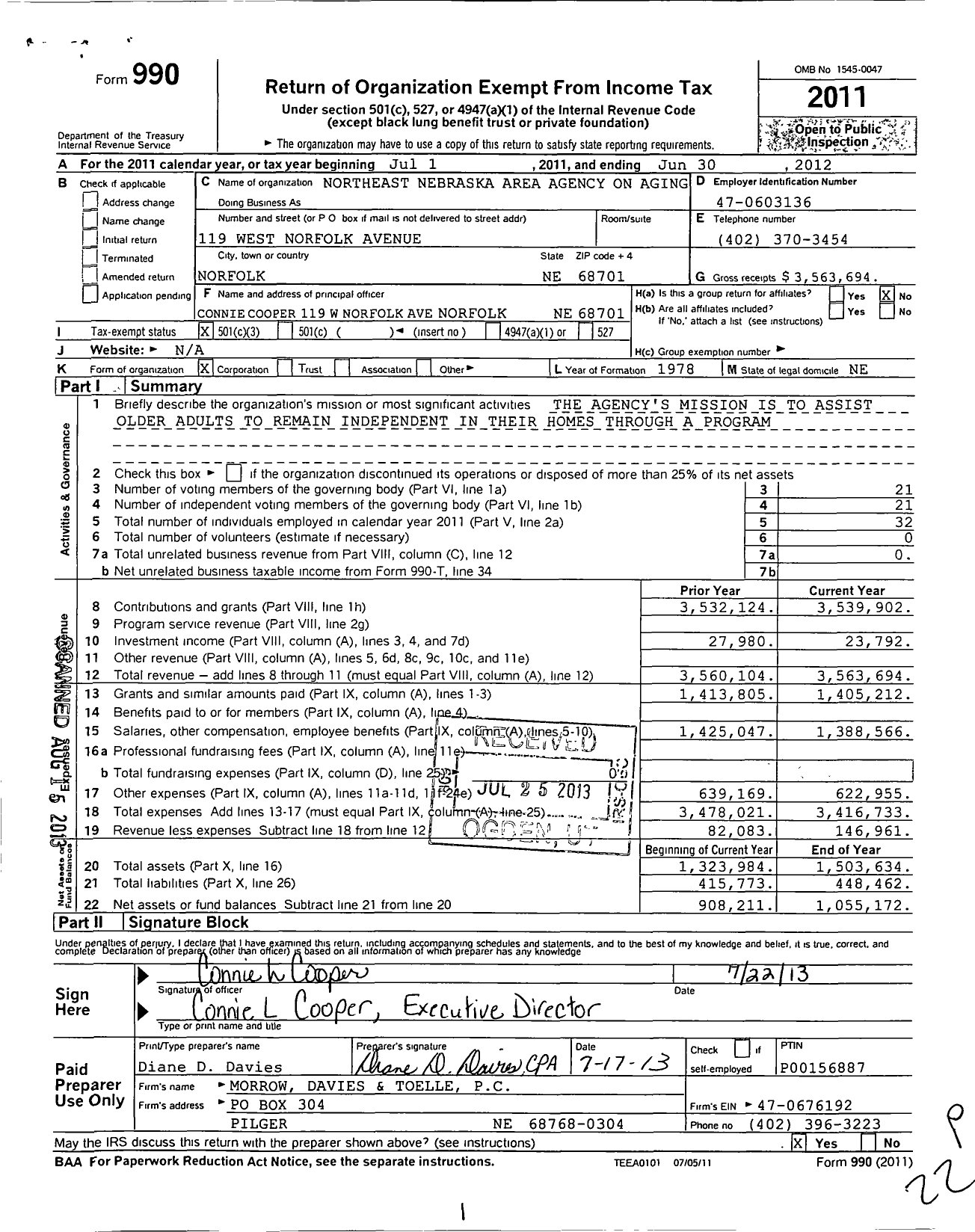 Image of first page of 2011 Form 990 for Northeast Nebraska Area Agency on Aging