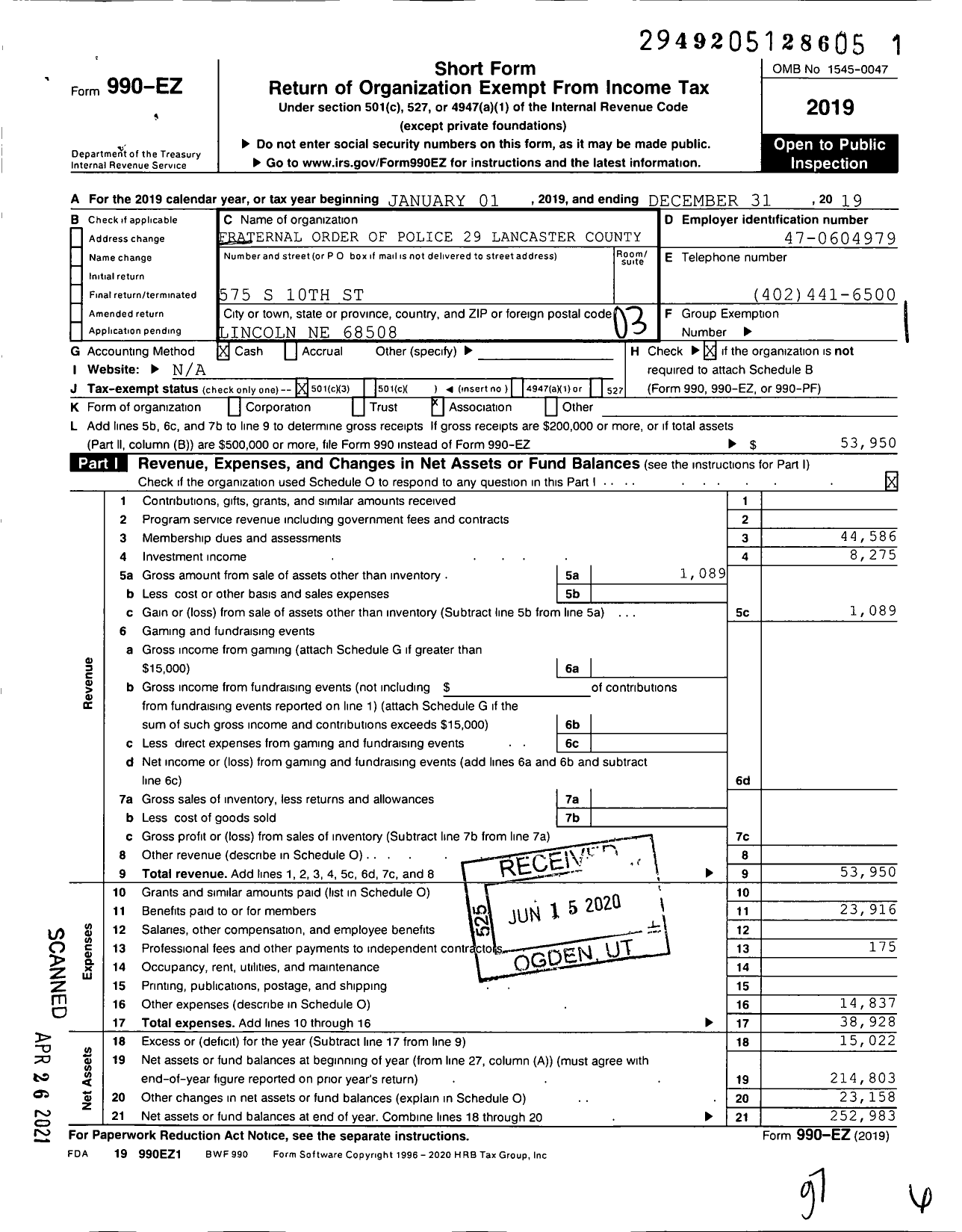 Image of first page of 2019 Form 990EZ for Fraternal Order of Police - 29 Lancaster Co D S A