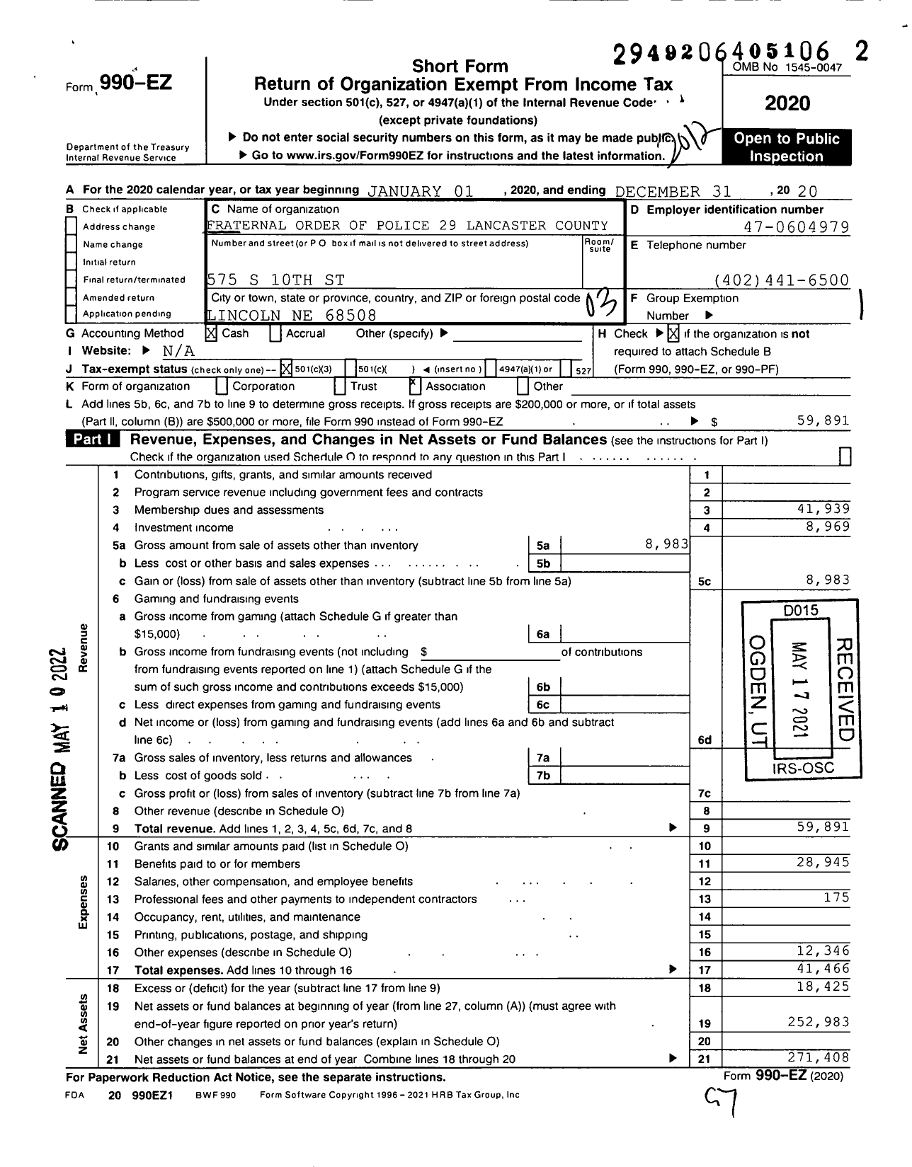 Image of first page of 2020 Form 990EZ for Fraternal Order of Police - 29 Lancaster Co D S A