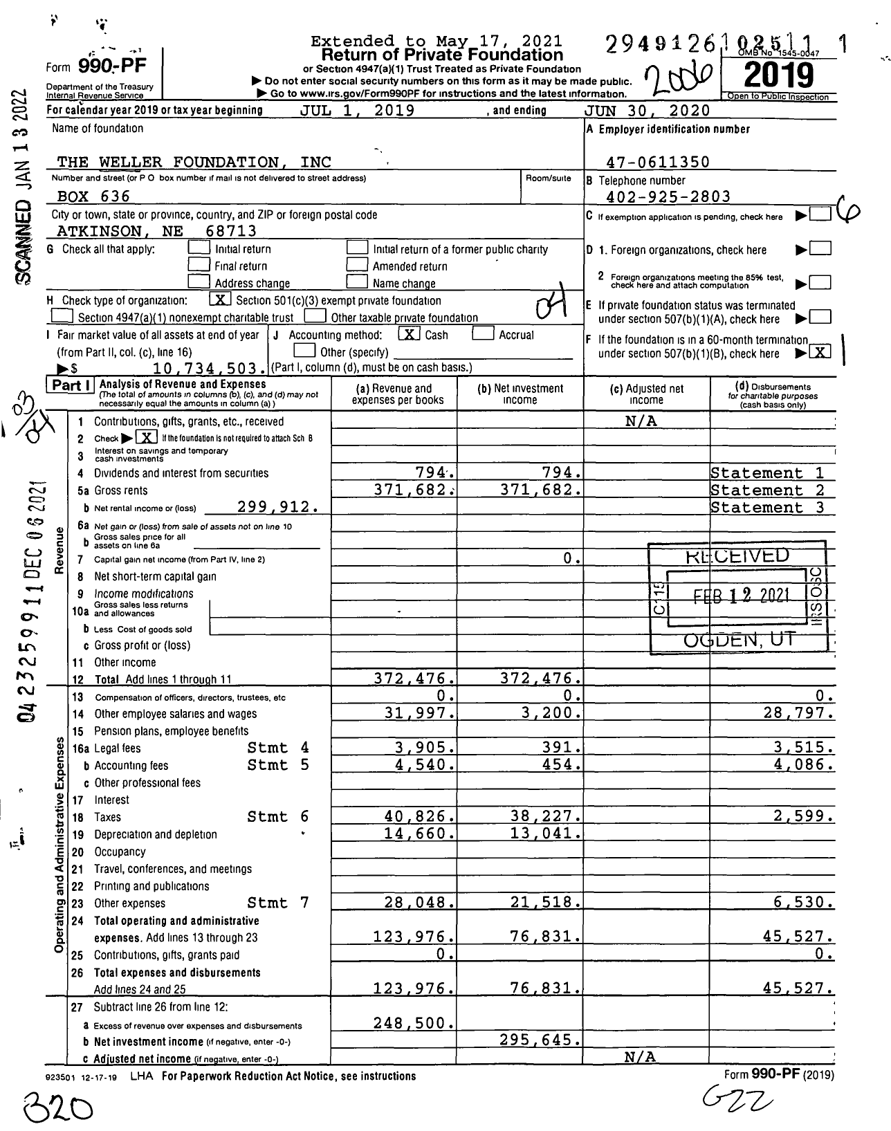 Image of first page of 2019 Form 990PF for The Weller Foundation