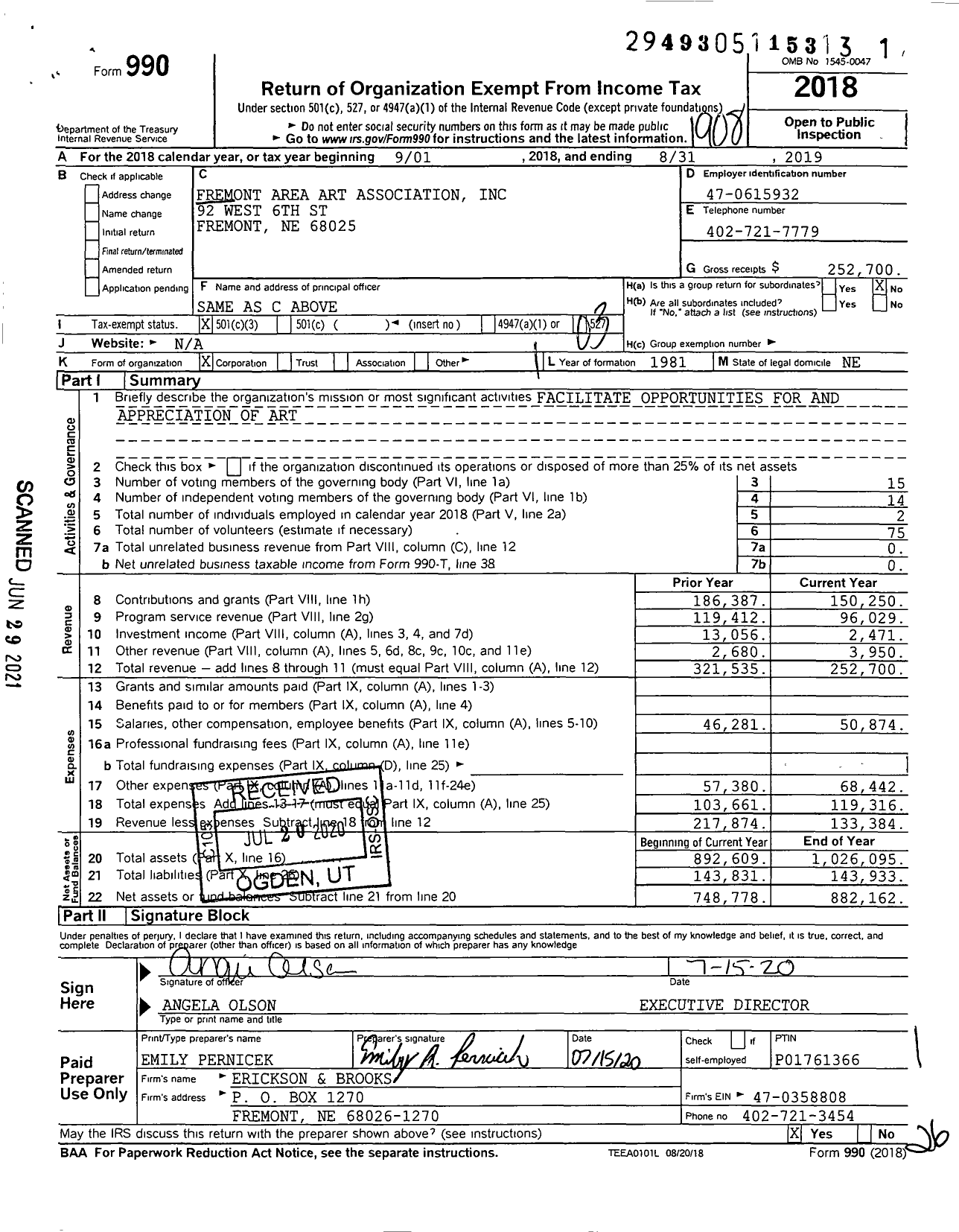 Image of first page of 2018 Form 990 for Fremont Area Art Association