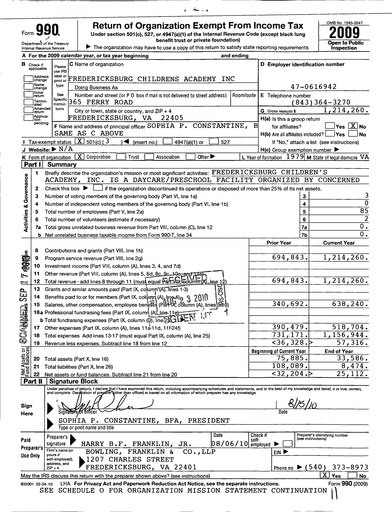 Image of first page of 2009 Form 990 for Fredericksburg Childrens Academy