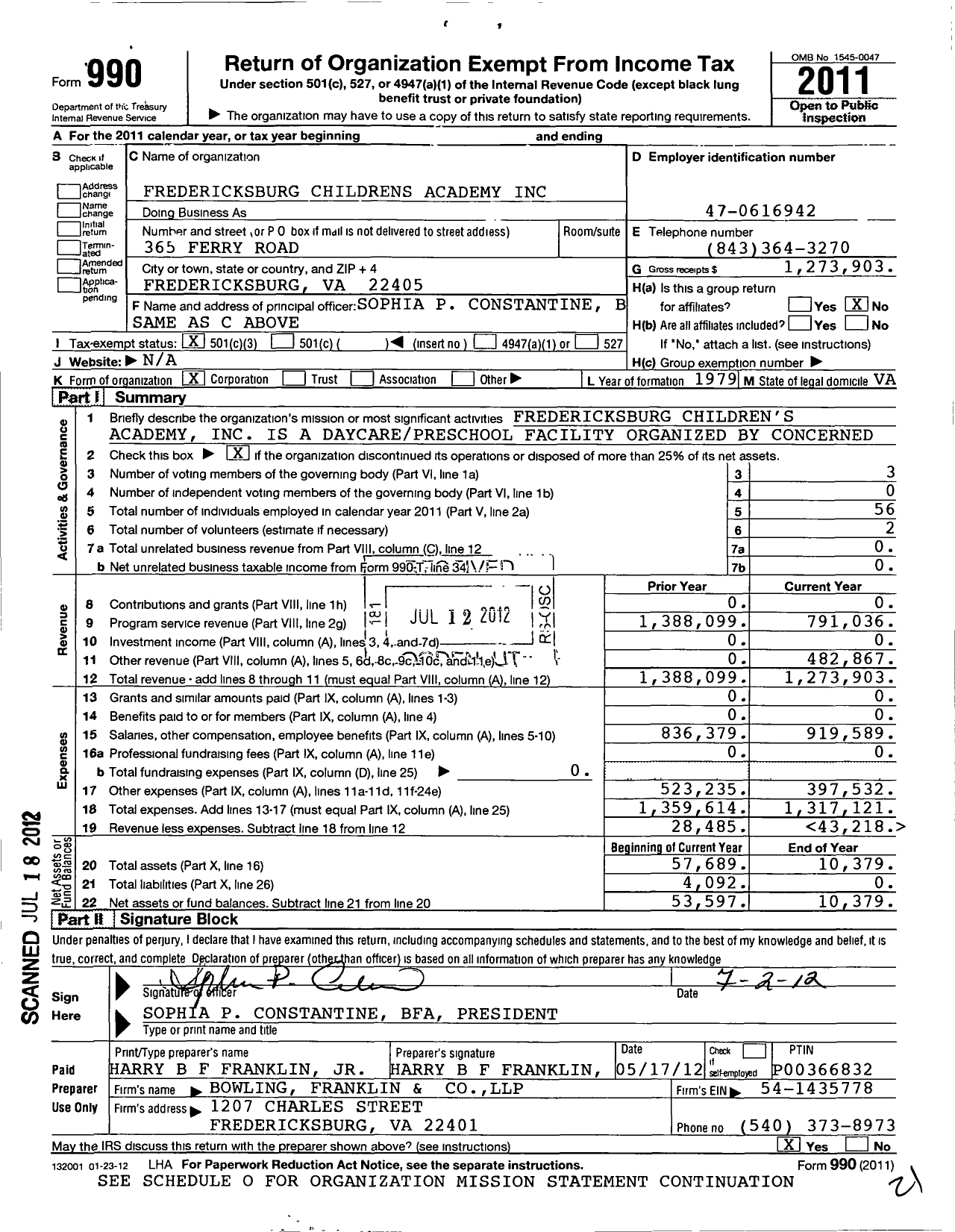 Image of first page of 2011 Form 990 for Fredericksburg Childrens Academy