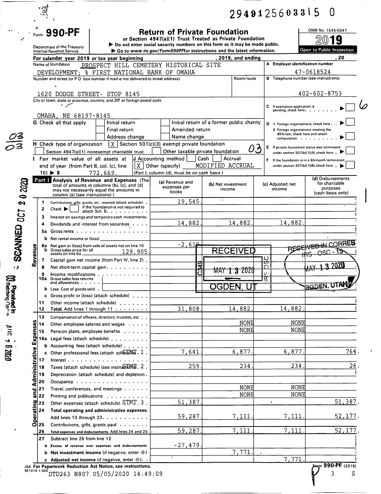 Image of first page of 2019 Form 990PR for Prospect Hill Cemetery Historical Site