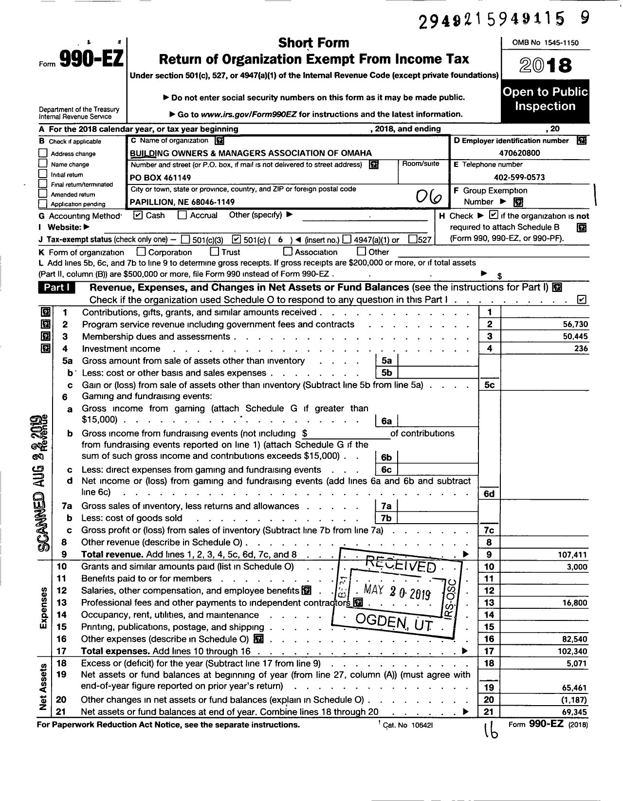 Image of first page of 2018 Form 990EO for Building Owners and Managers Association of Omaha