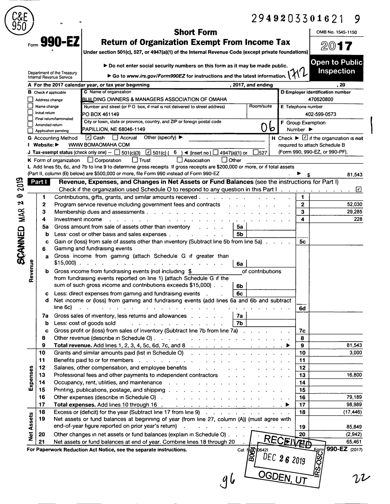 Image of first page of 2017 Form 990EO for Building Owners and Managers Association of Omaha