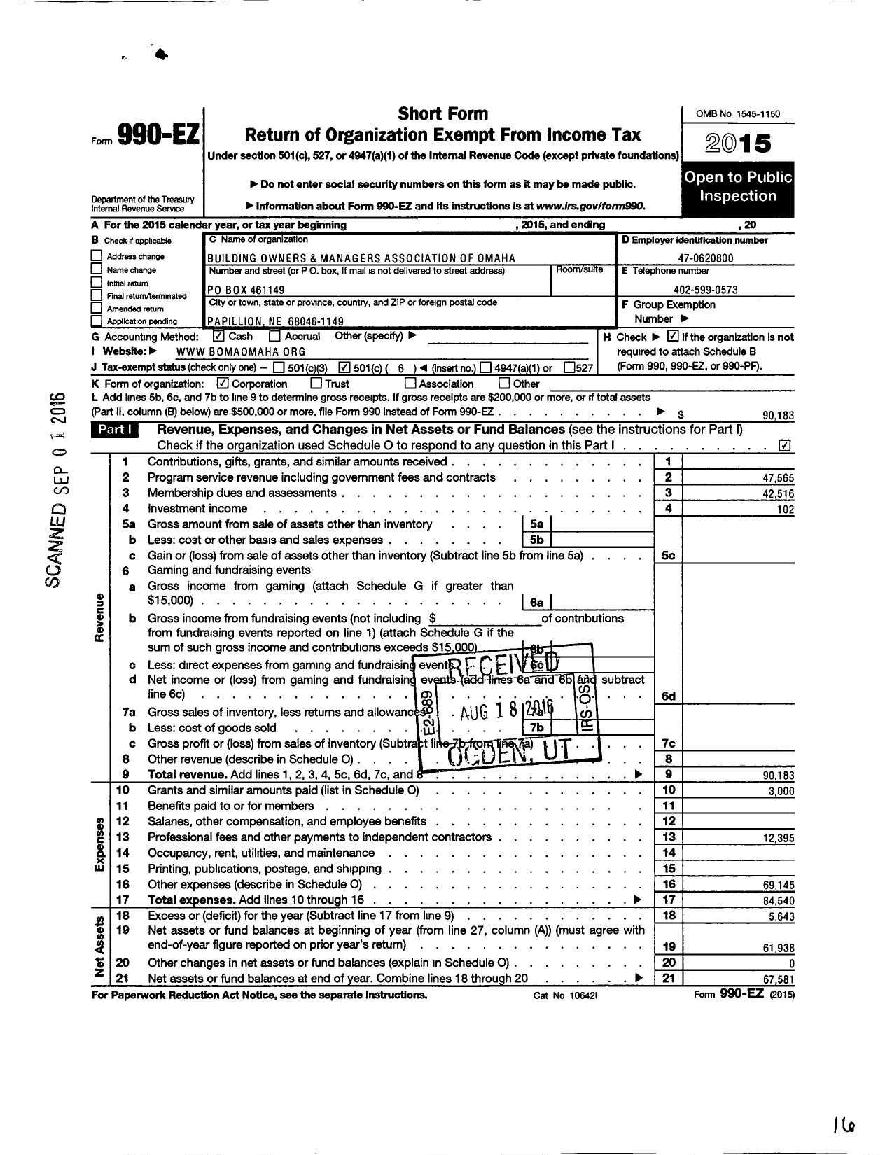 Image of first page of 2015 Form 990EO for Building Owners and Managers Association of Omaha