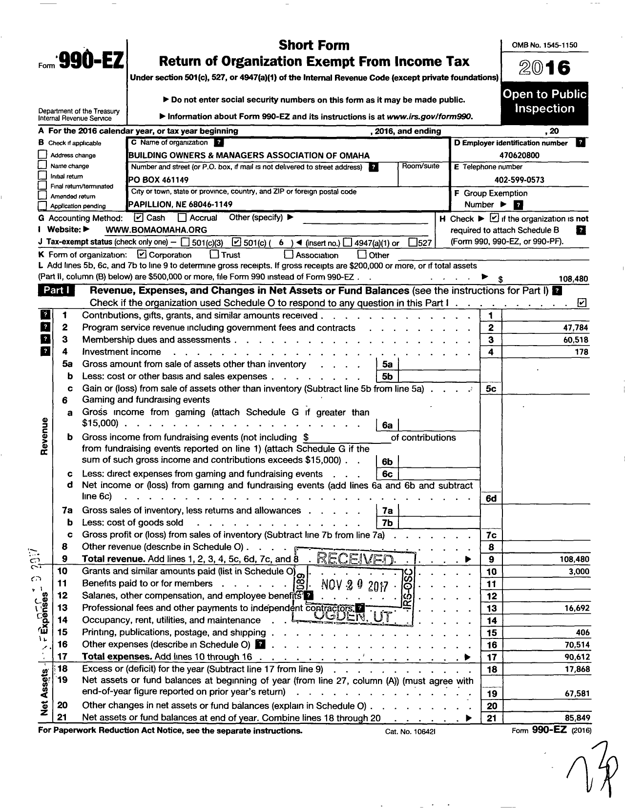 Image of first page of 2016 Form 990EO for Building Owners and Managers Association of Omaha