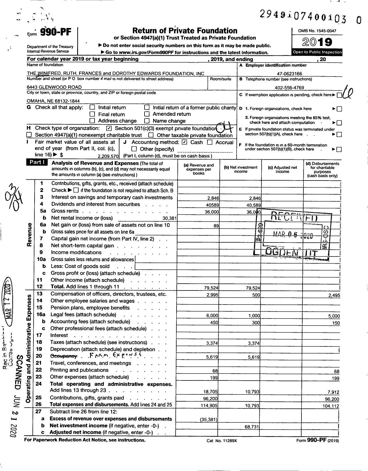 Image of first page of 2019 Form 990PR for Winifred Ruth Frances and Dorothy Edwards Foundation