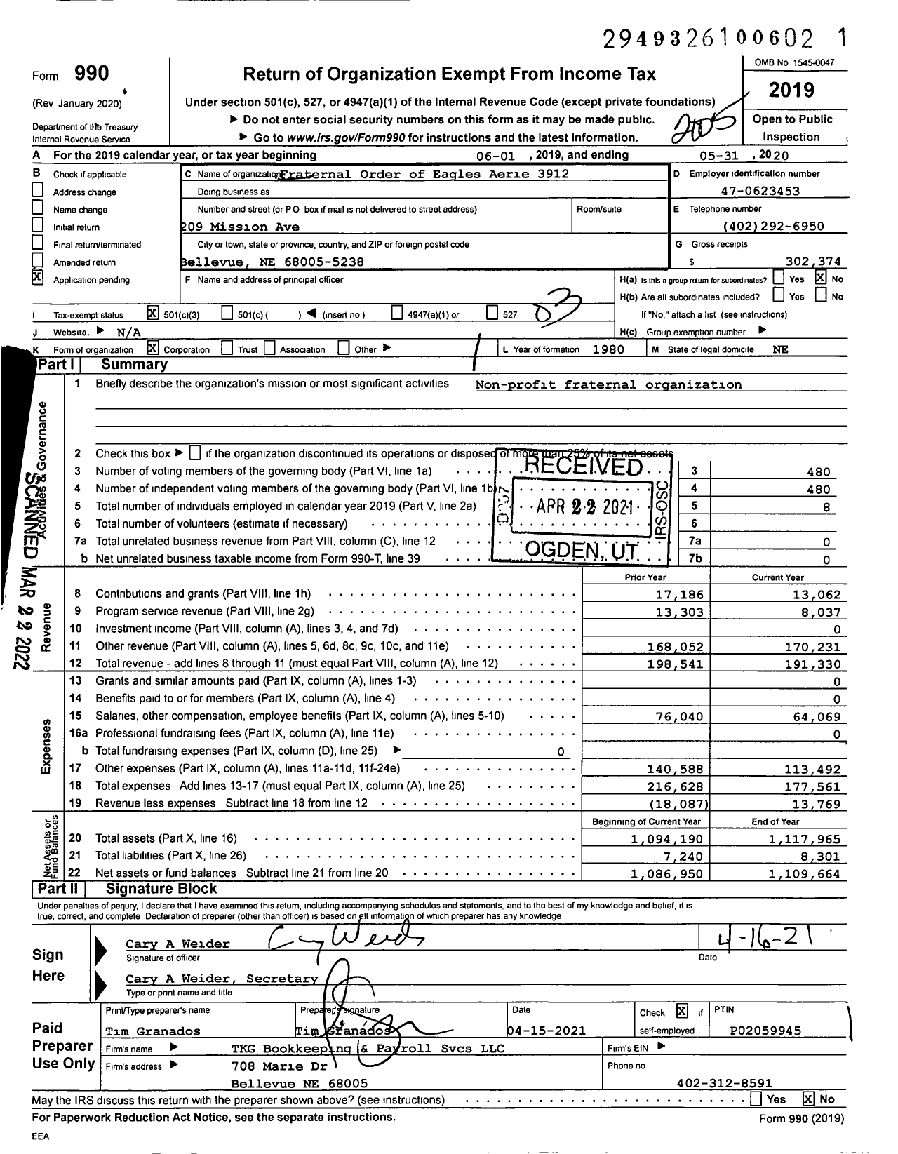 Image of first page of 2019 Form 990 for Fraternal Order of Eagles - 3912 Aerie