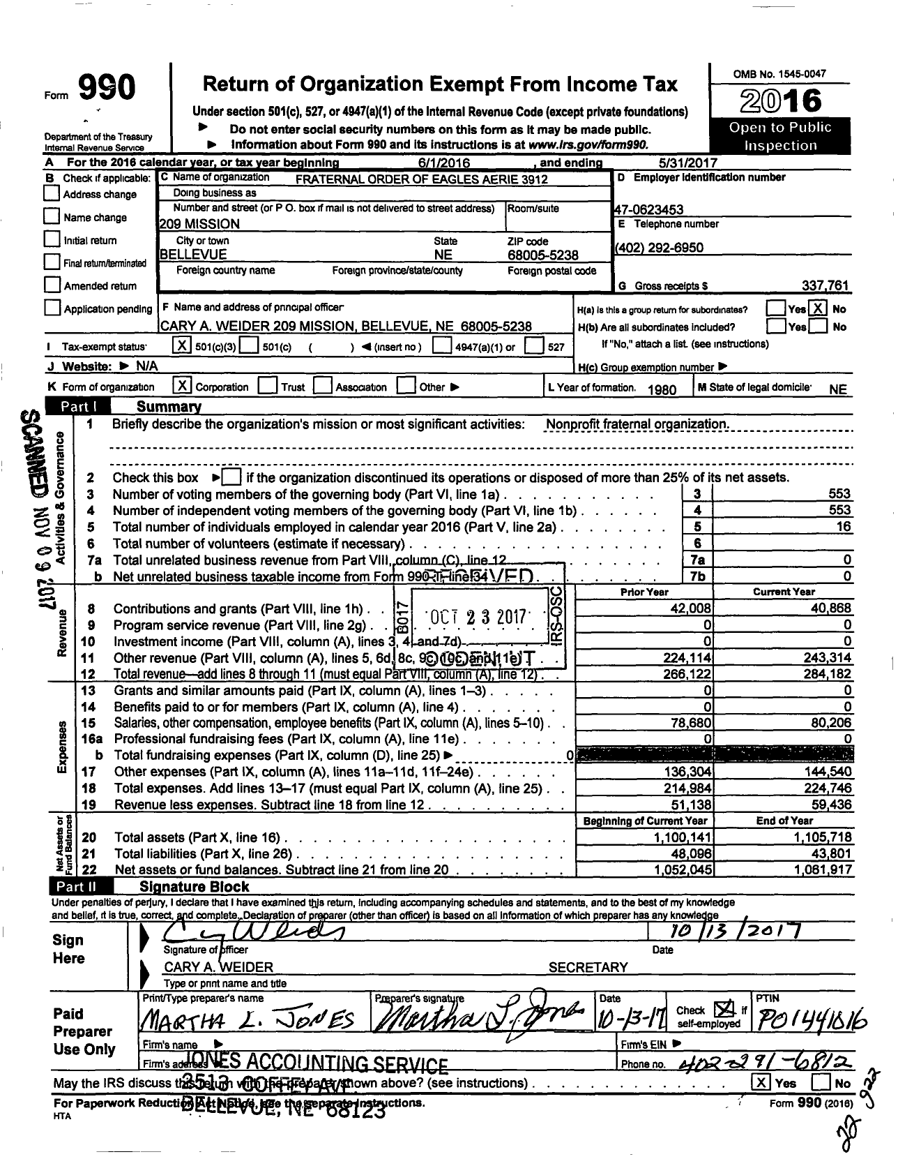 Image of first page of 2016 Form 990 for Fraternal Order of Eagles - 3912 Aerie