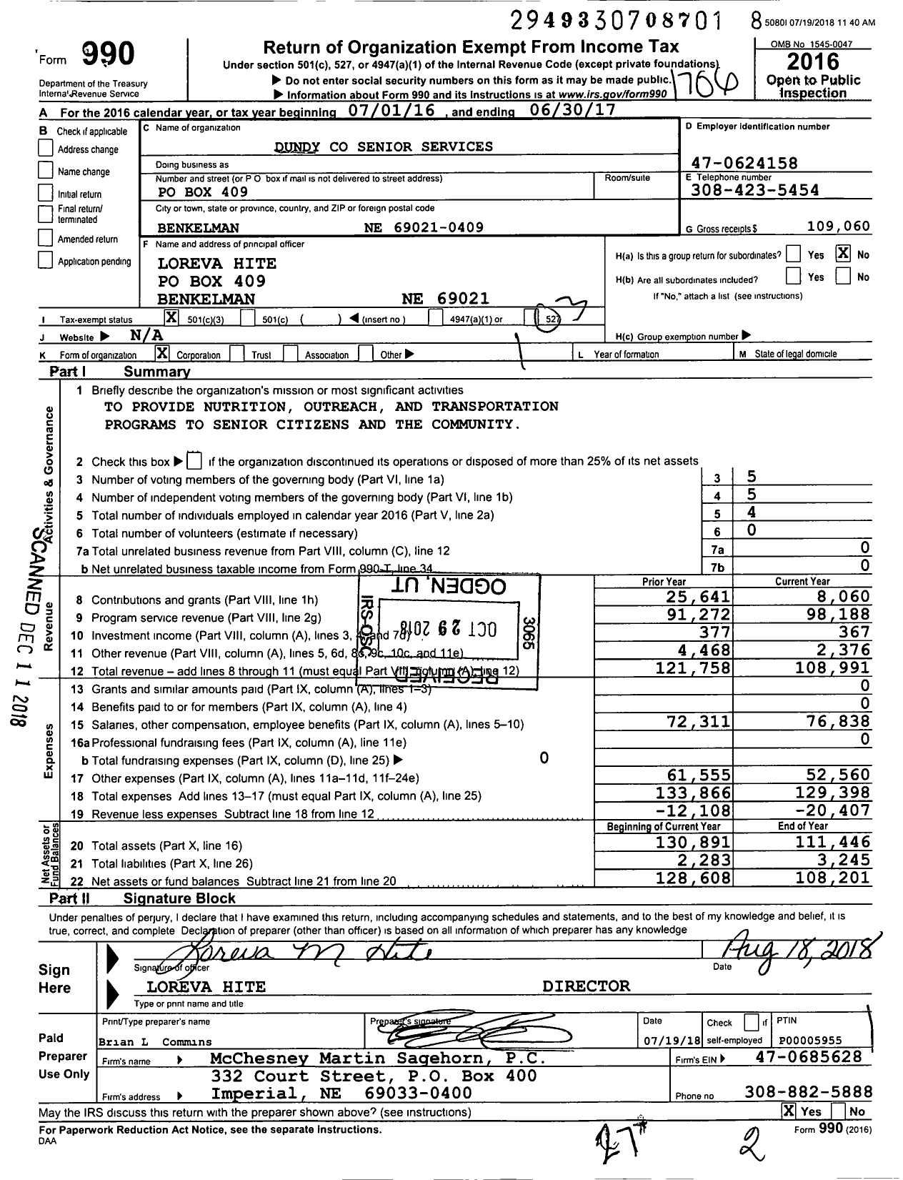 Image of first page of 2016 Form 990 for Dundy Senior Services