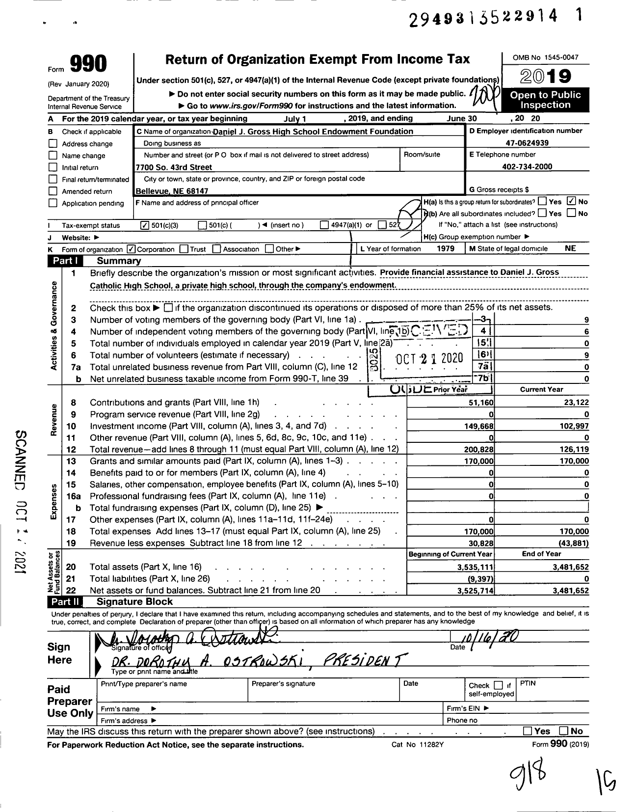 Image of first page of 2019 Form 990 for Daniel J Gross High School Endowment Foundation