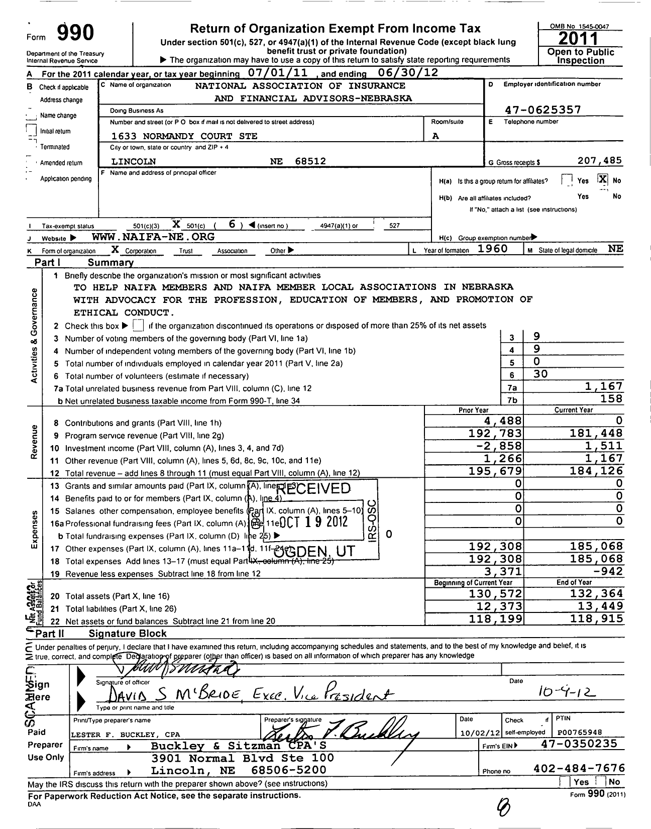 Image of first page of 2011 Form 990O for National Association of Insurance and Financial Advisors-Nebraska