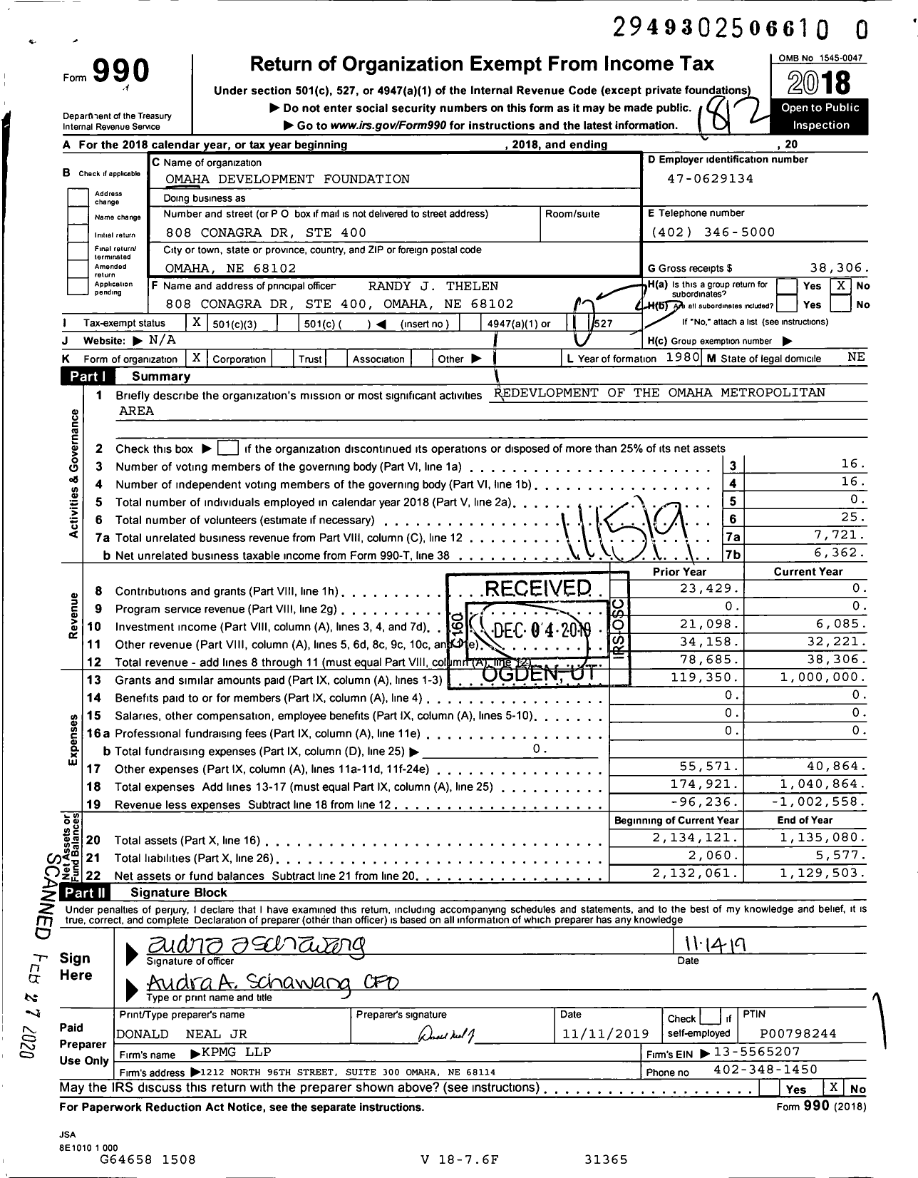 Image of first page of 2018 Form 990 for Omaha Development Foundation