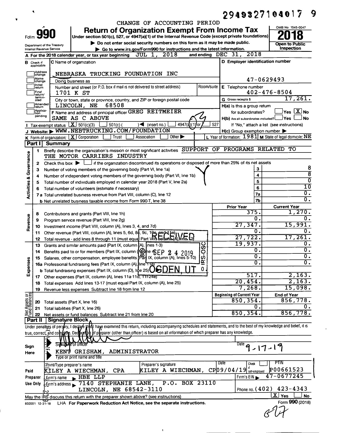 Image of first page of 2018 Form 990 for Nebraska Trucking Foundation