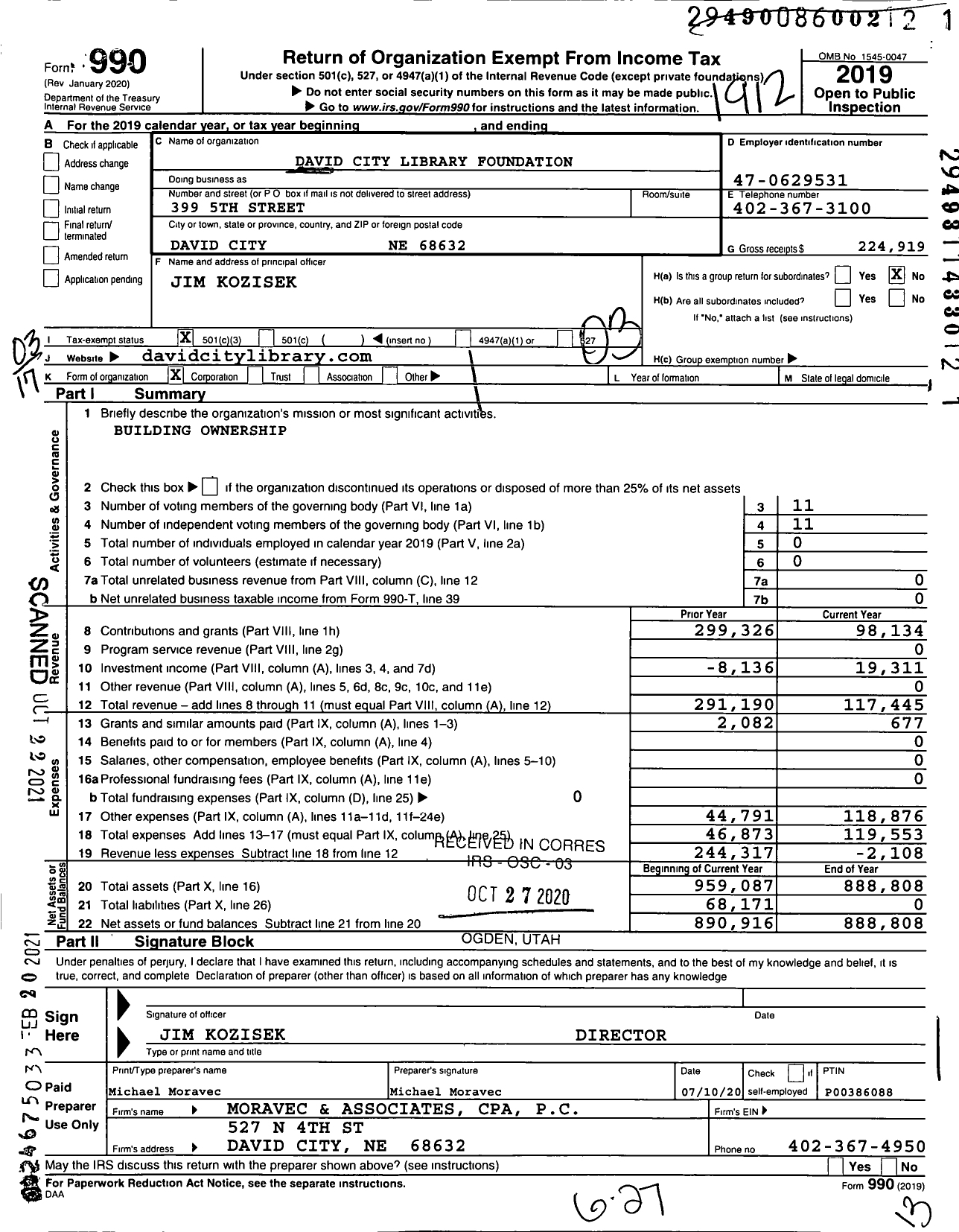 Image of first page of 2019 Form 990 for David City Library Foundation