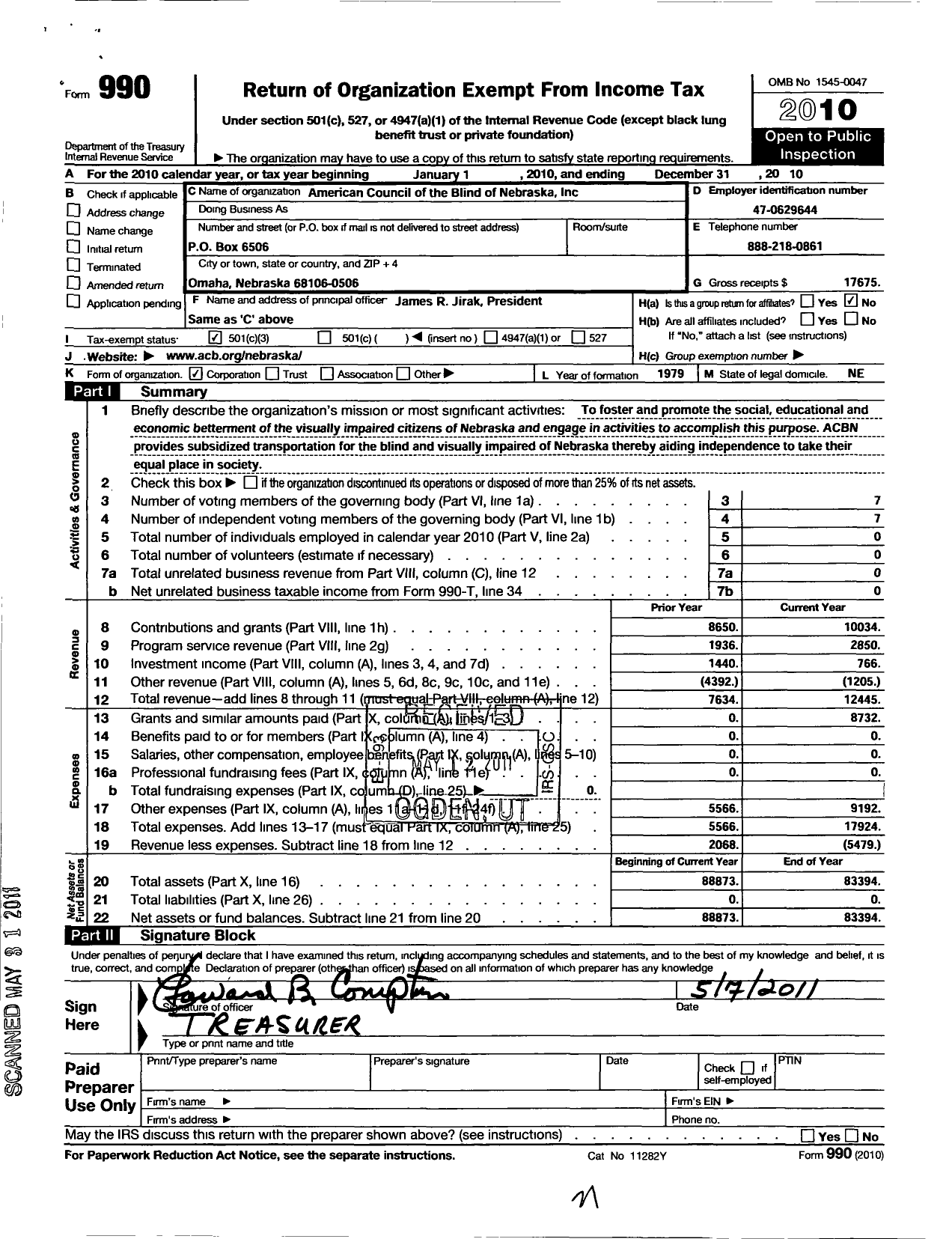 Image of first page of 2010 Form 990 for American Council of the Blind of Nebraska