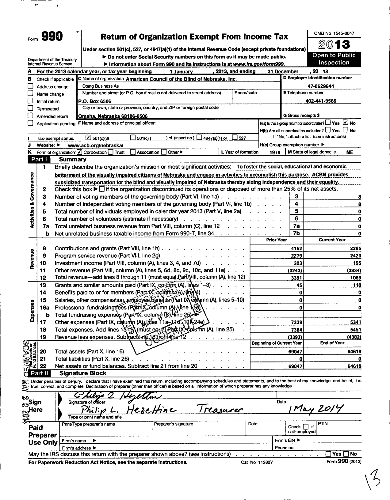 Image of first page of 2013 Form 990 for American Council of the Blind of Nebraska