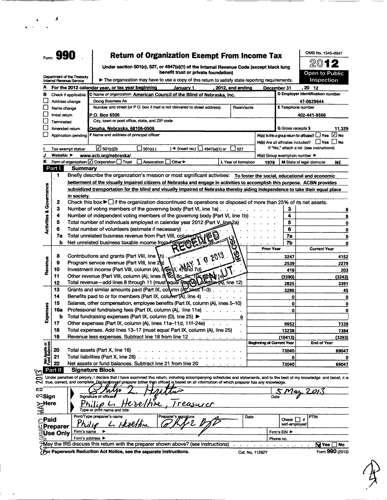 Image of first page of 2012 Form 990 for American Council of the Blind of Nebraska