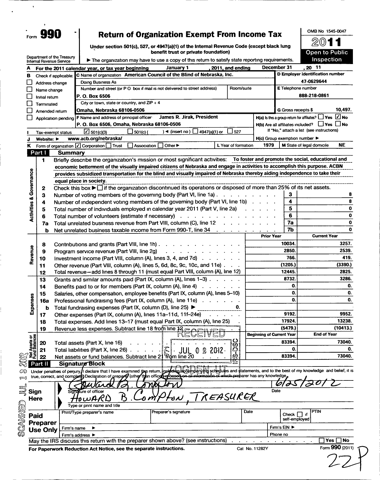 Image of first page of 2011 Form 990 for American Council of the Blind of Nebraska